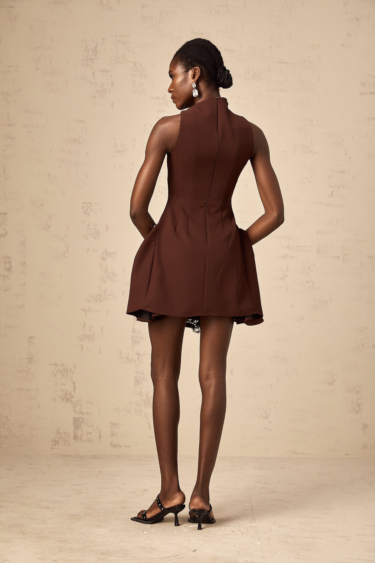 Dora brown asymmetrical-neck puff mini dress