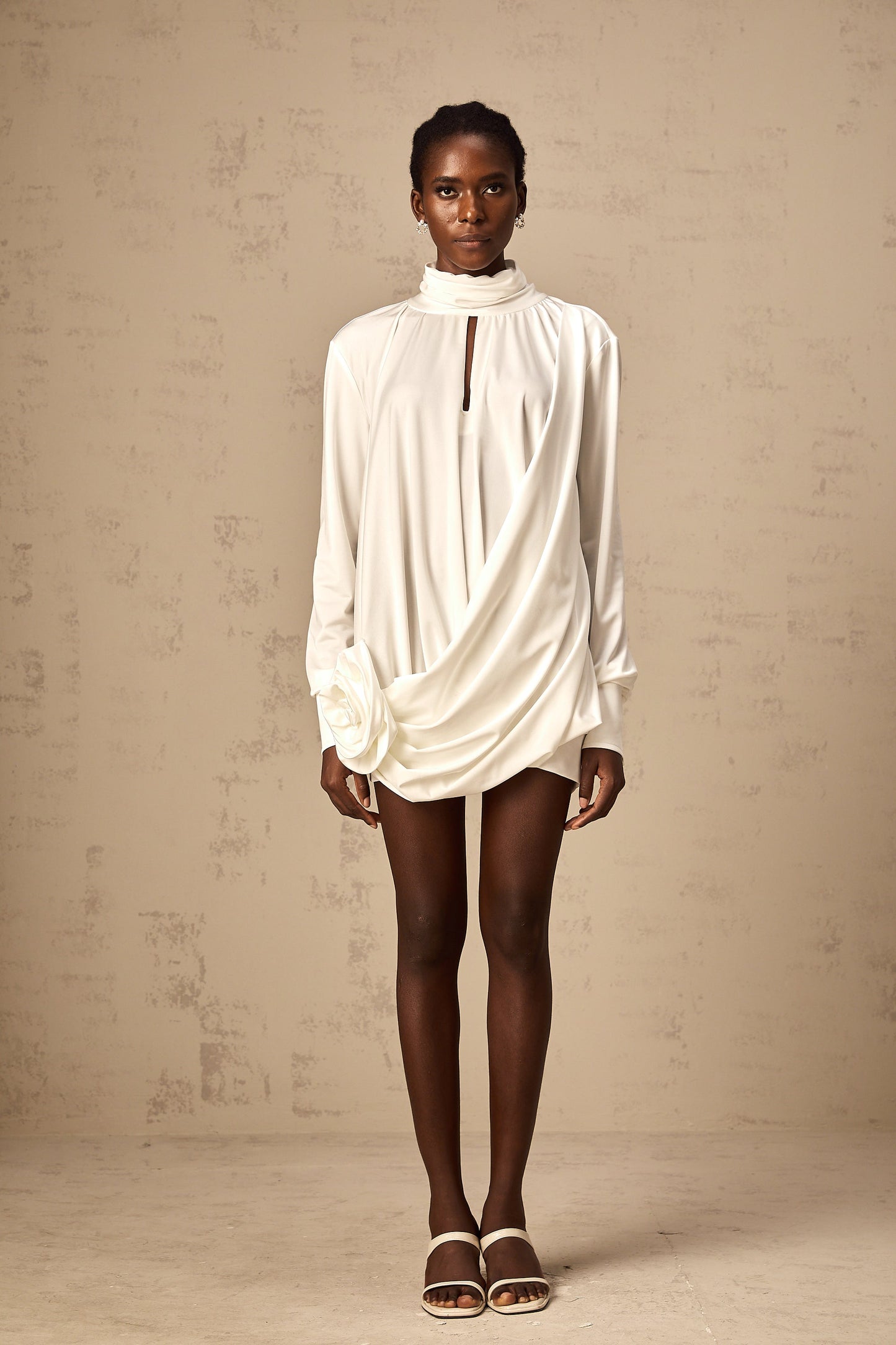Maeva faux-flower ruched mini dress in White