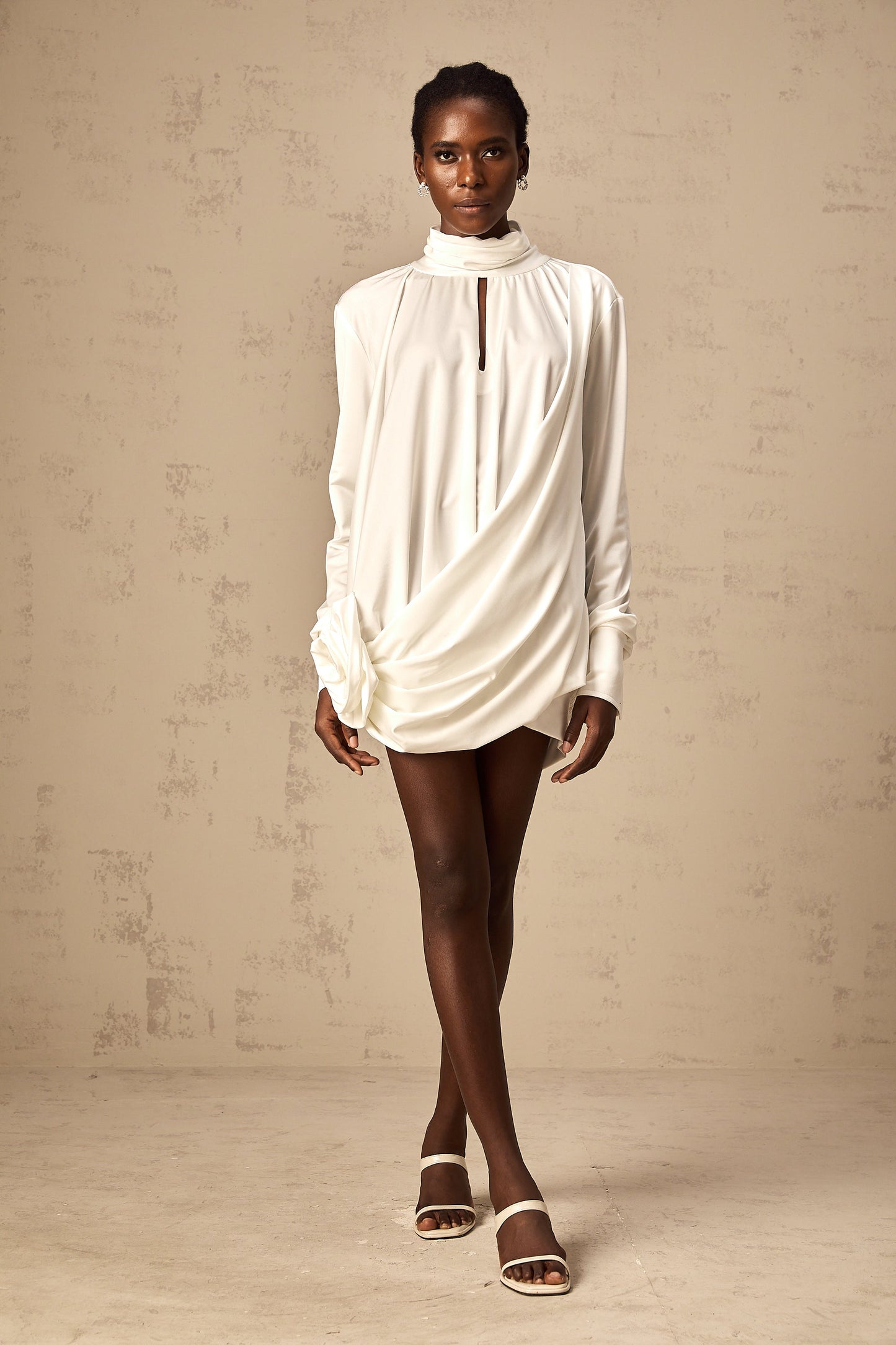 Maeva faux-flower ruched mini dress in White