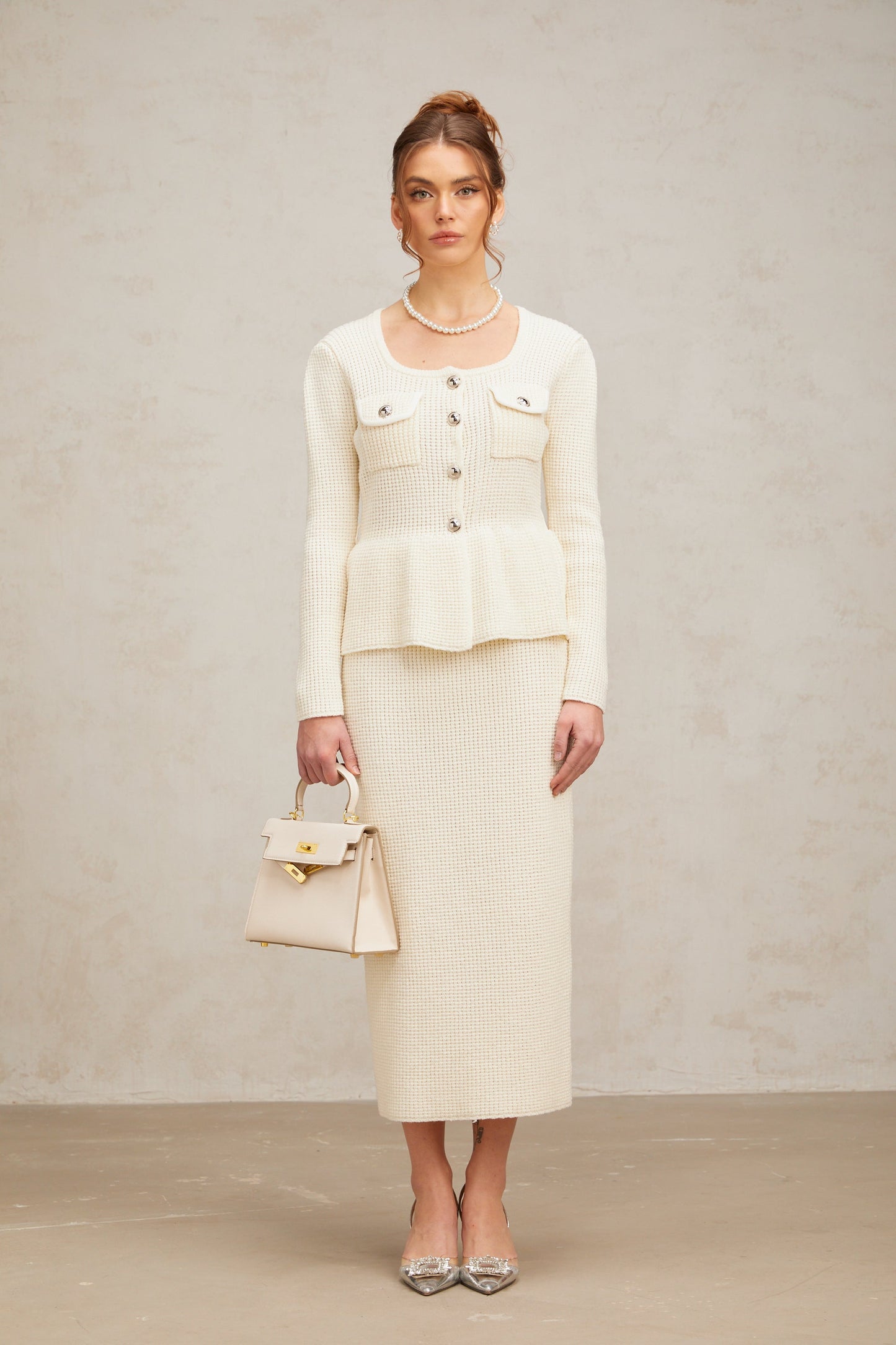 Manon white knitted top & skirt matching set
