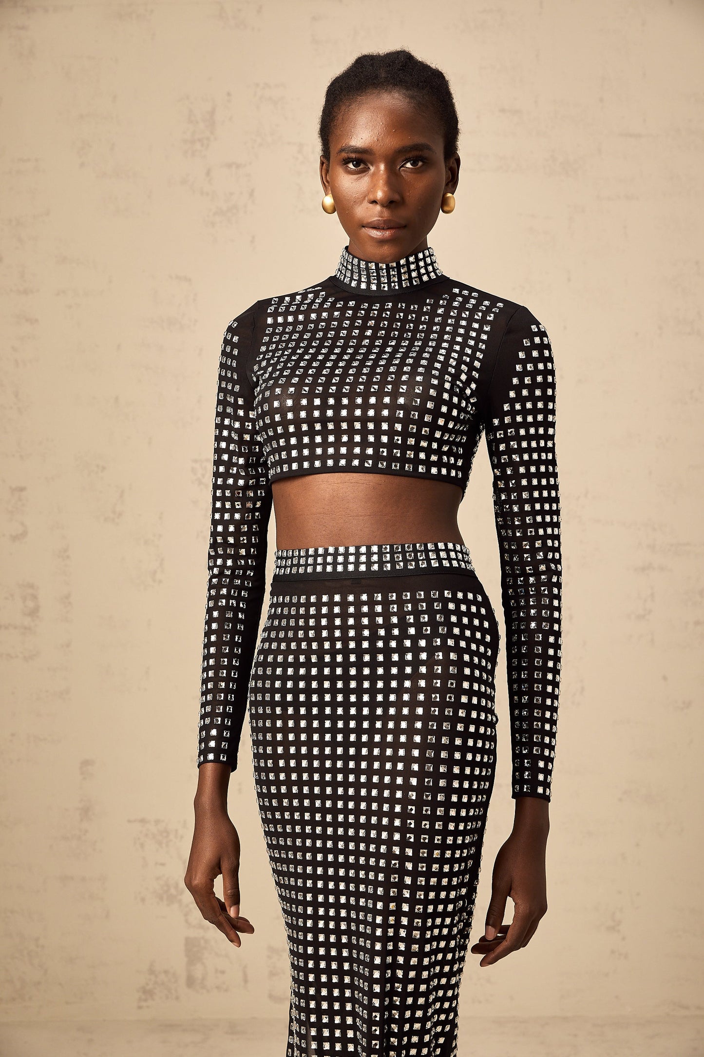 Vera black rhinestone mesh top & skirt matching set