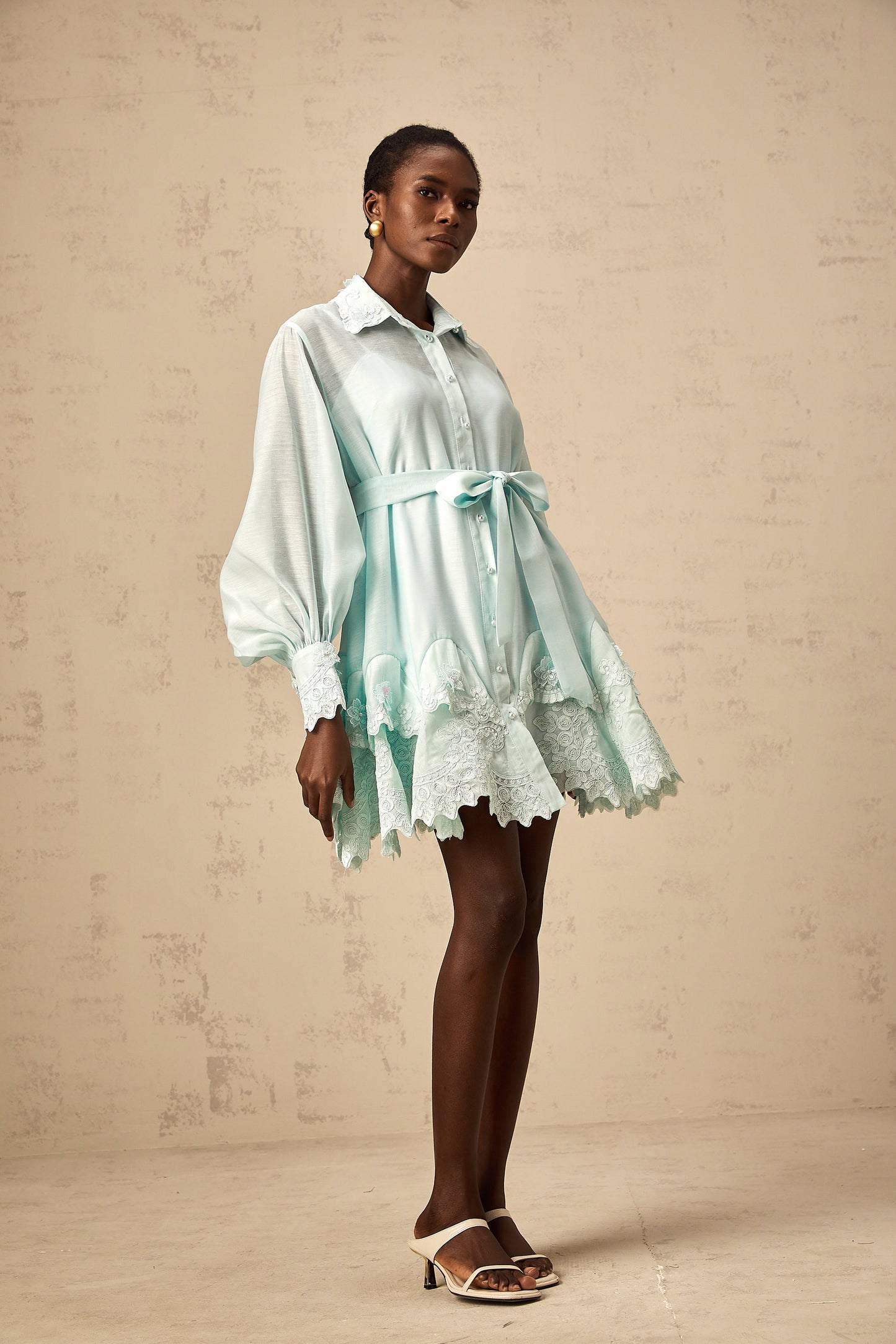 Ivana green lace-panel mini shirt dress