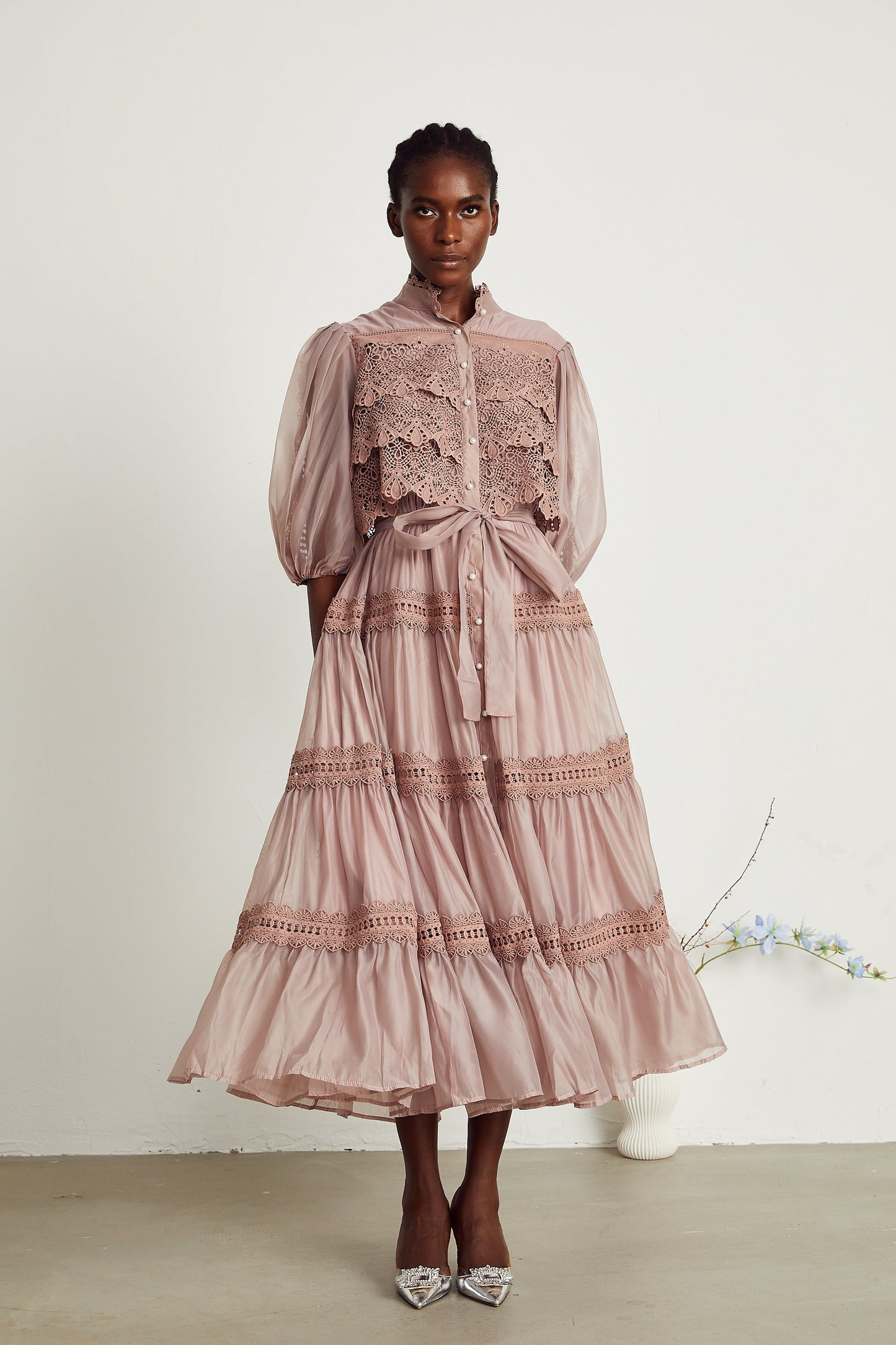 Inès lace cut-out tiered midi dress