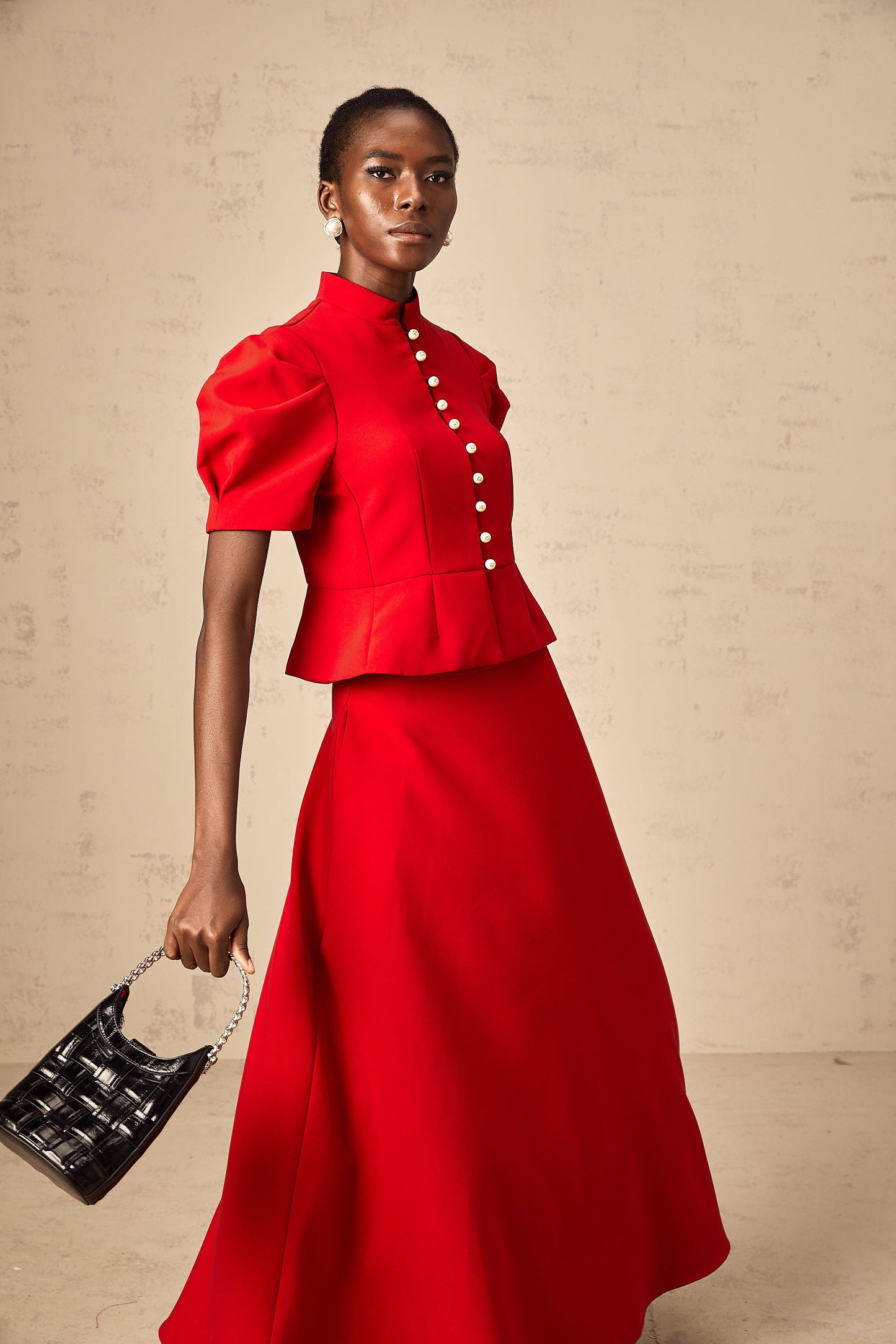 Colette red pleated blouse & skirt matching set