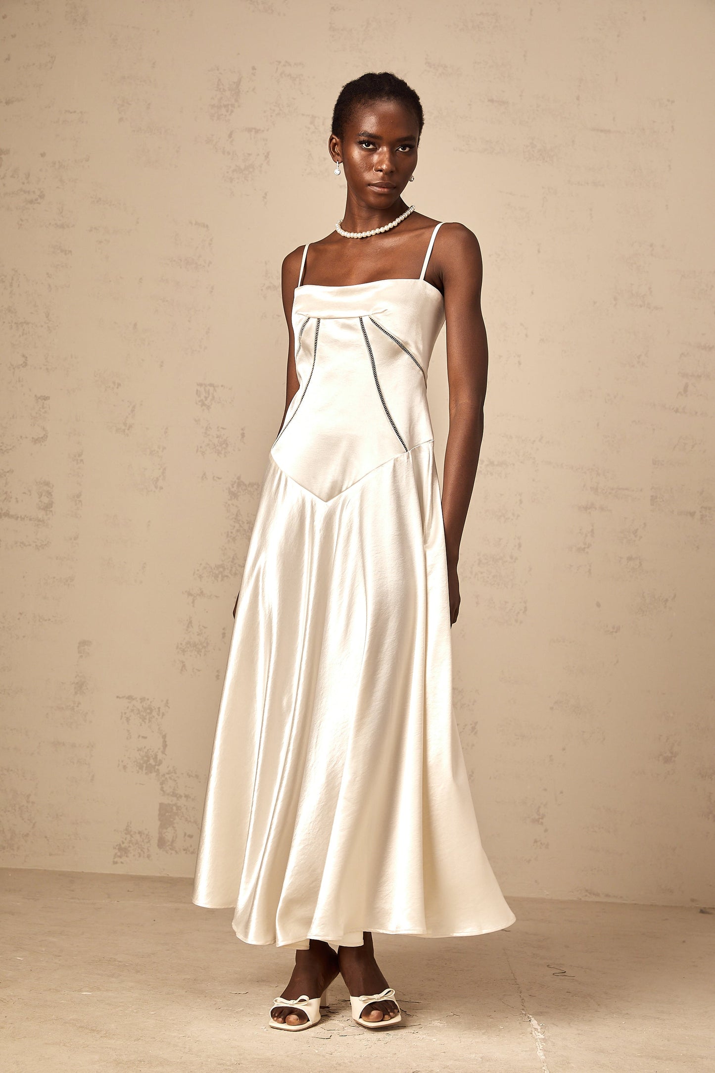 Claudia white flared satin maxi dress