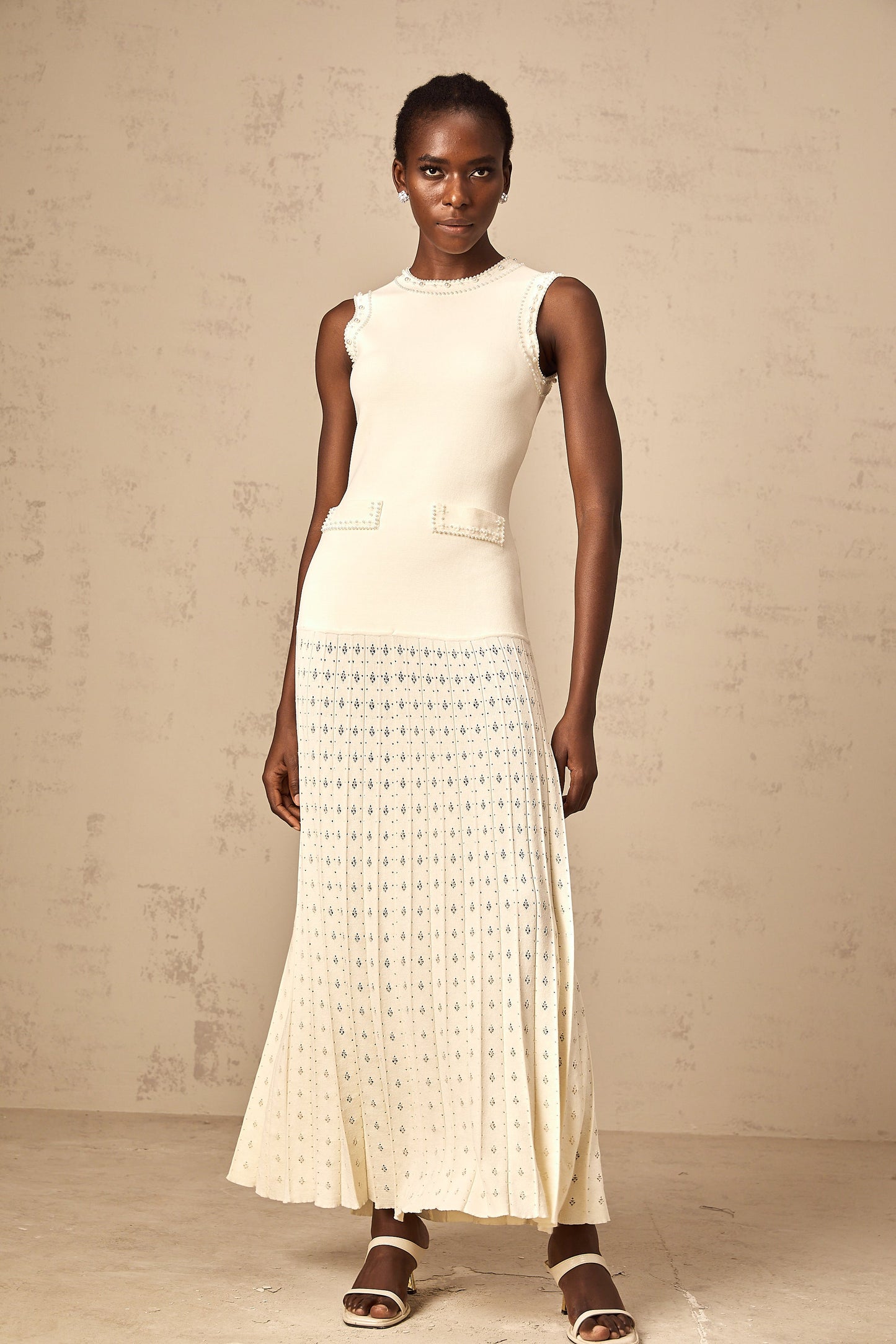 Donatienne white faux-pearl knitted maxi dress