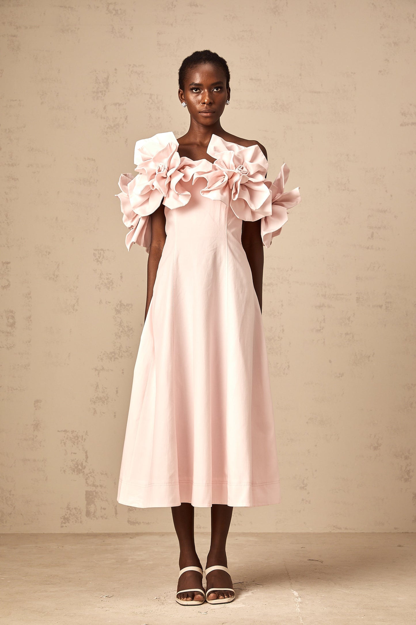 Juliette pink off-shoulder 3D-petal midi dress