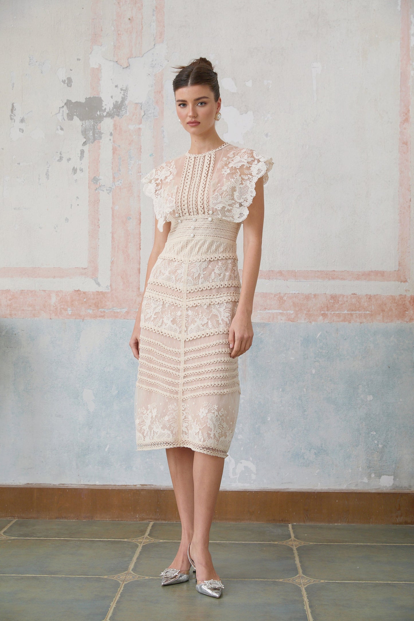 Fleur floral-embroidered lace midi dress in Neutrals