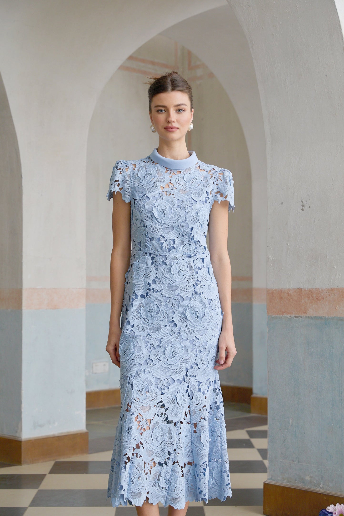 Aurore Blue Floral Appliqué Lace Midi Dress
