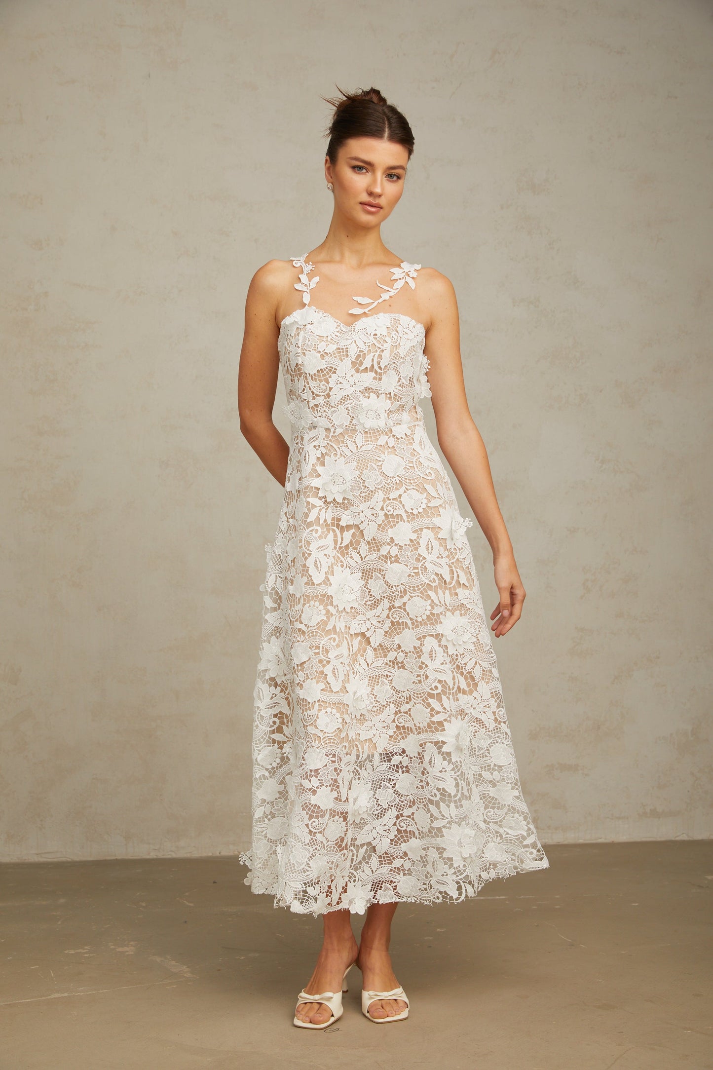 Carole white lace tulle-panelled midi dress