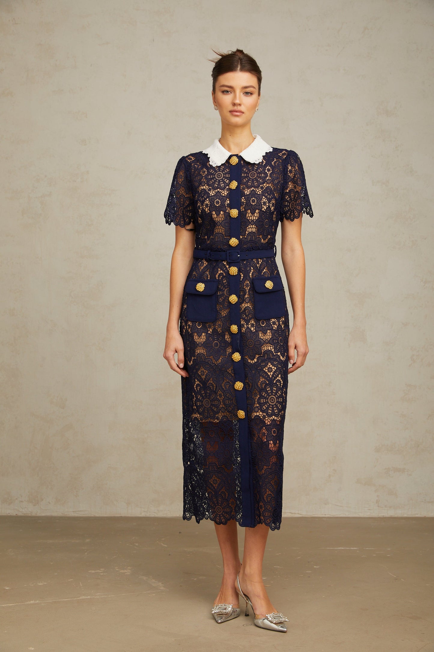 Ariane dark-blue floral crochet-lace midi dress