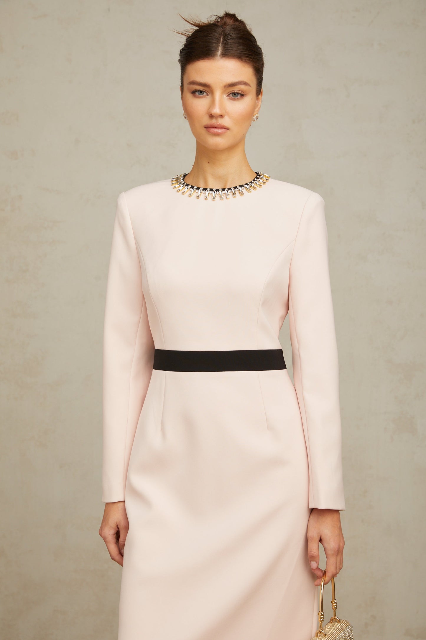 Anaïs pink crystal color-blocked midi dress