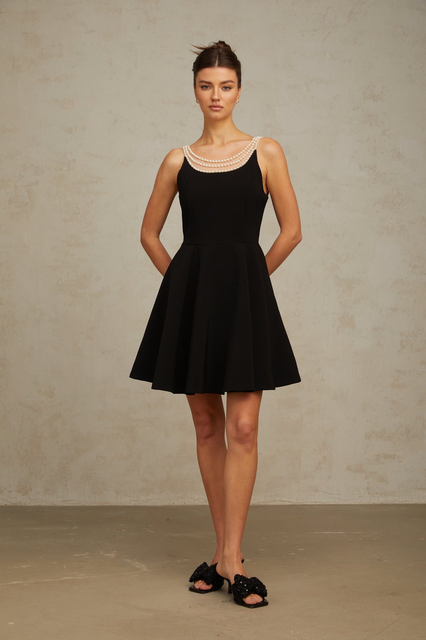 Danaé black faux-pearl-embellished mini dress