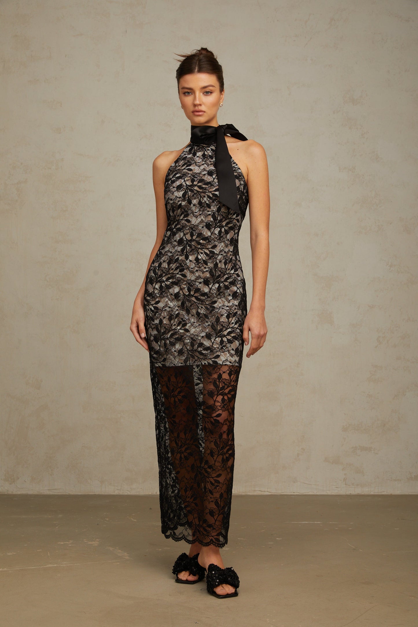 Coralie black floral-lace halterneck maxi dress