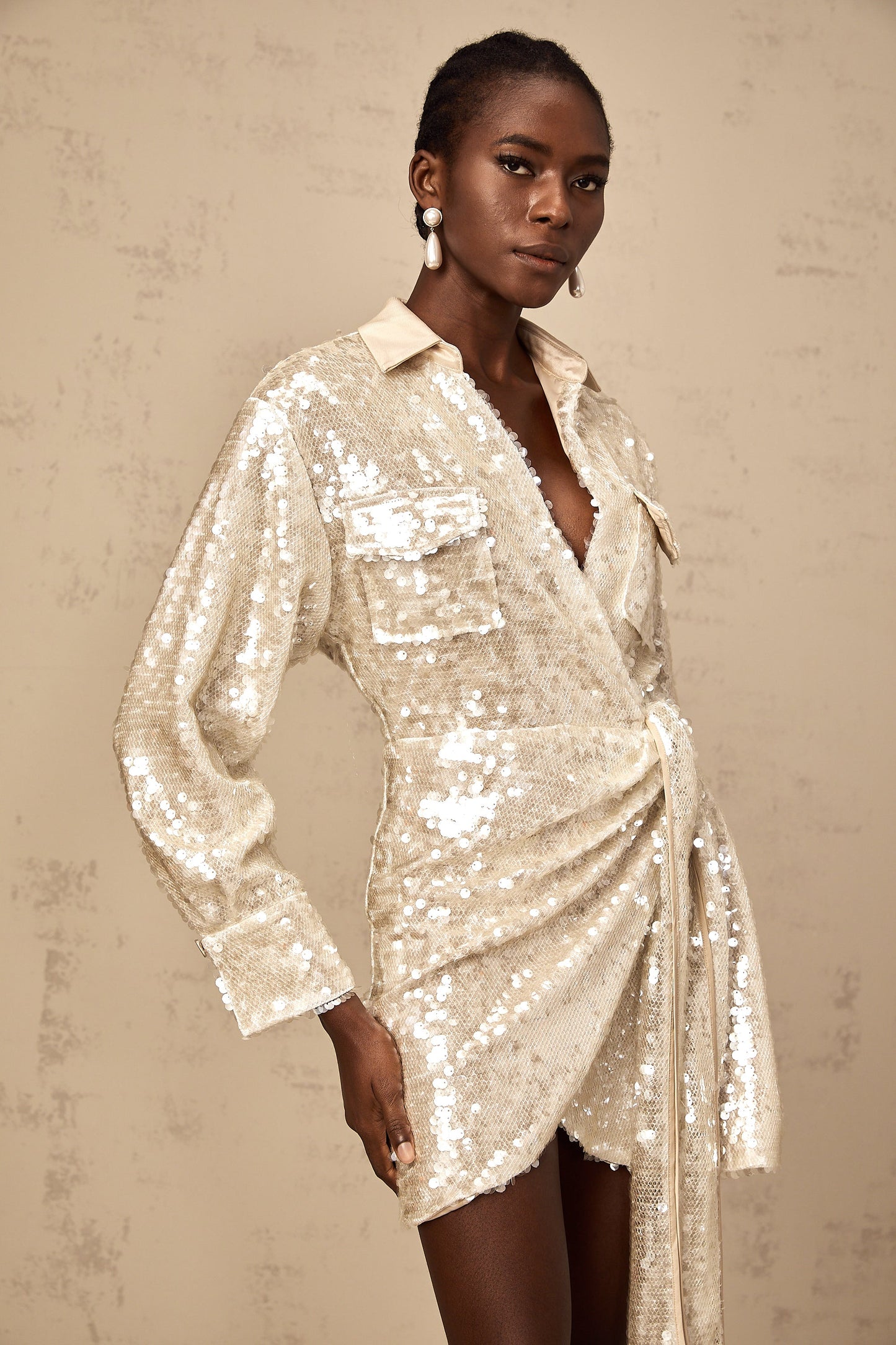Aurore wrap-design sequined mini shirt dress