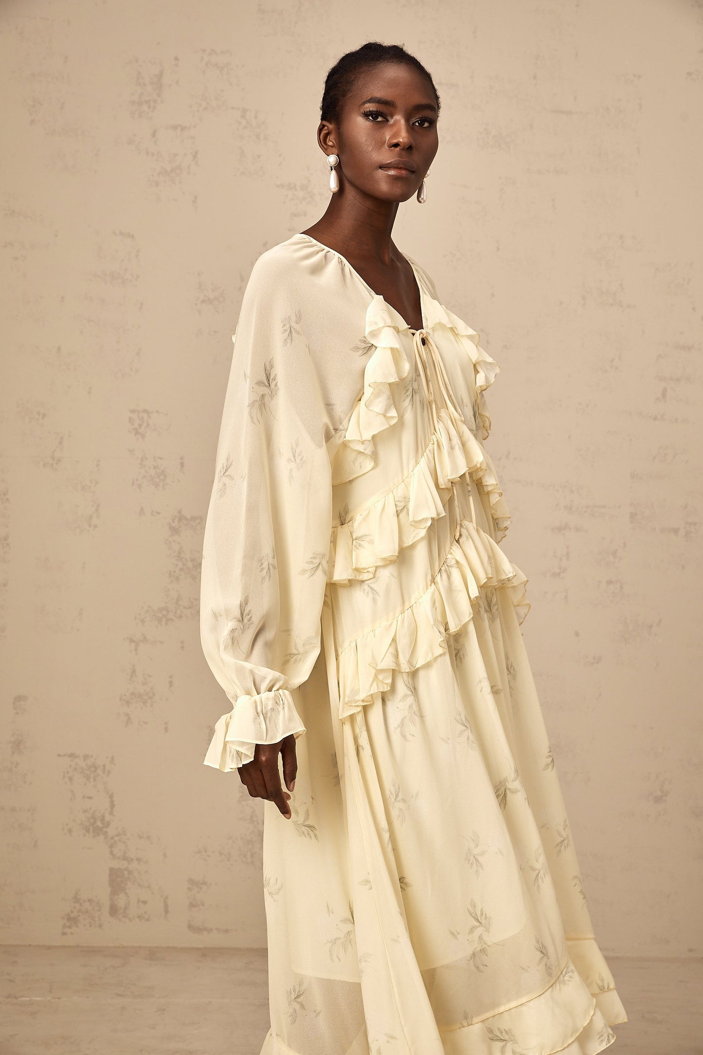 Oriane yellow floral-print ruffled chiffon midi dress