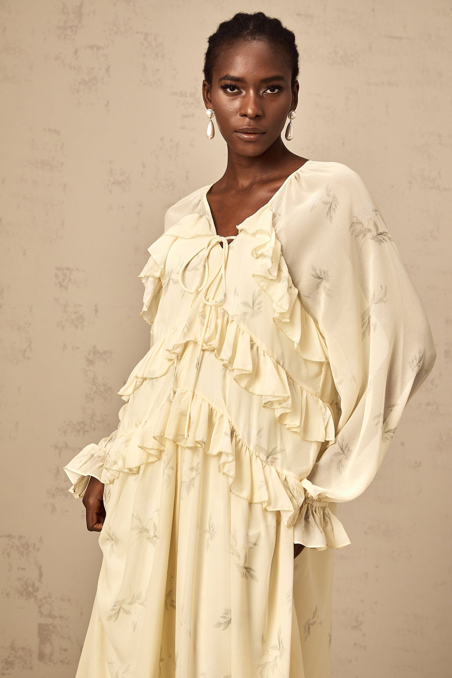 Oriane yellow floral-print ruffled chiffon midi dress