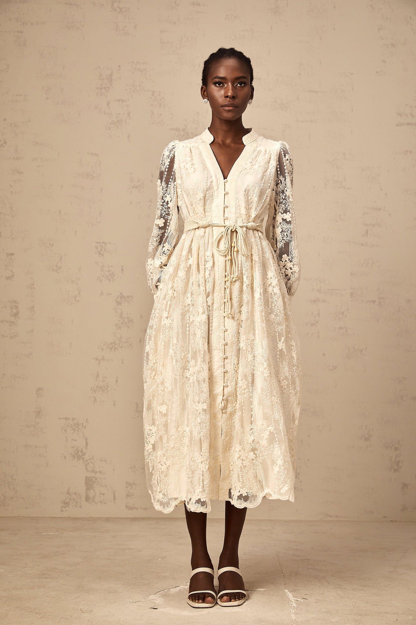 Roxane neutrals lace-embroidered midi dress