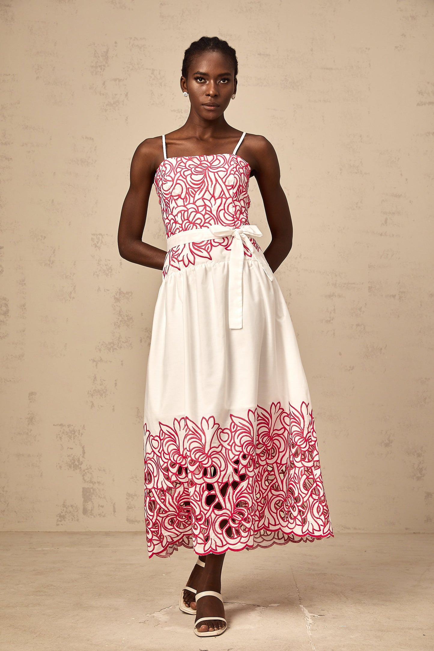 Béatrice pink cut-out embroidered midi dress