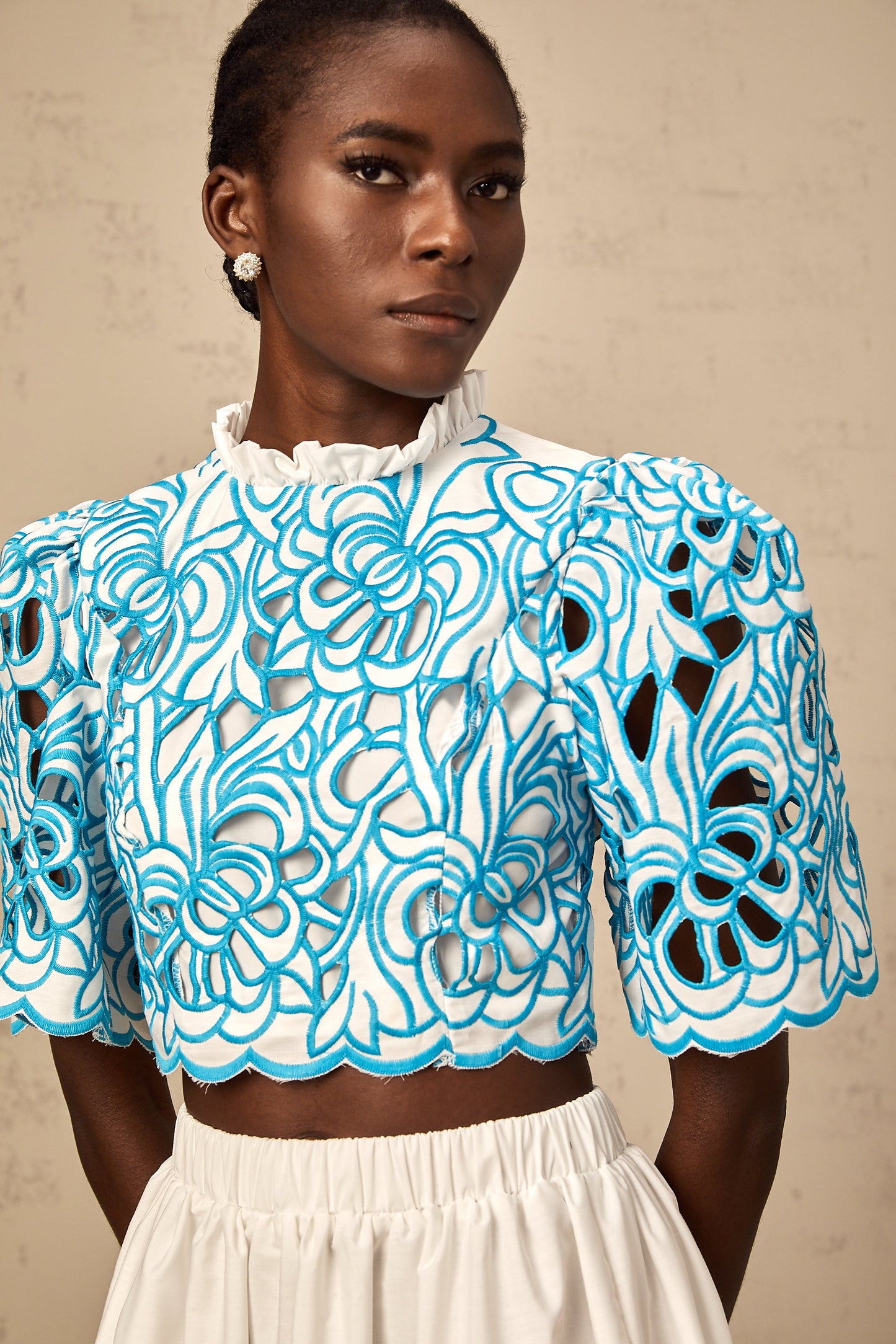 Aurore blue cut-out embroidered top & skirt matching set