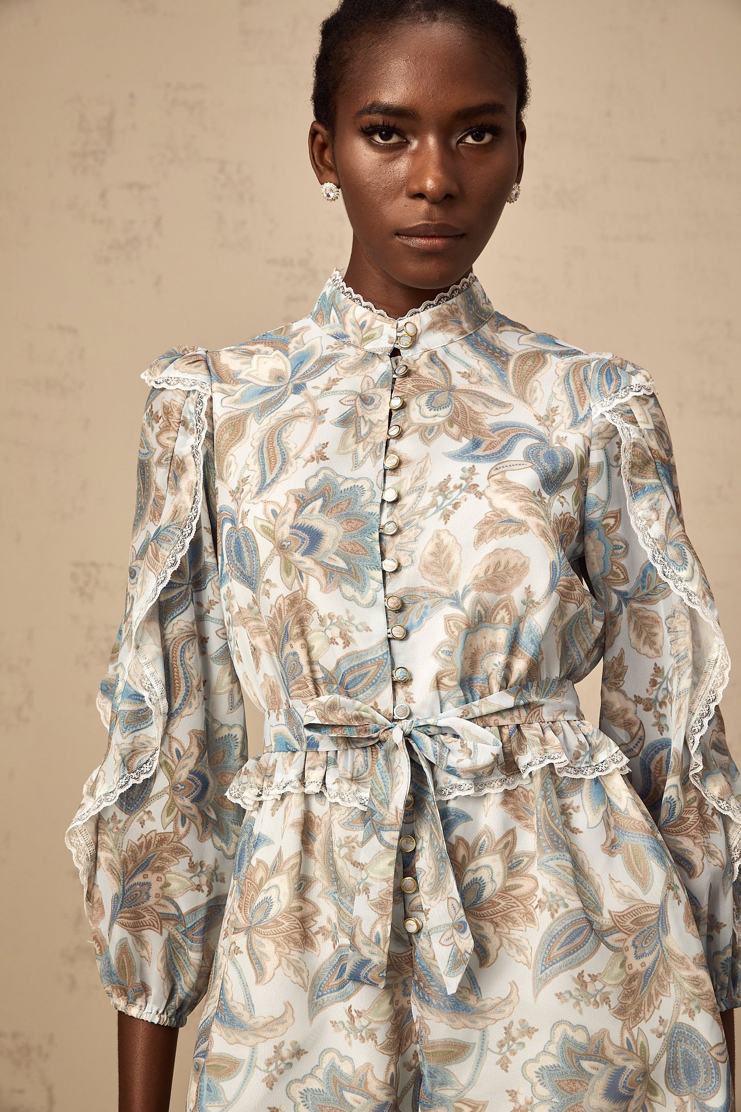 Eugénie blue lace-trim floral-print ruffled jumpsuit