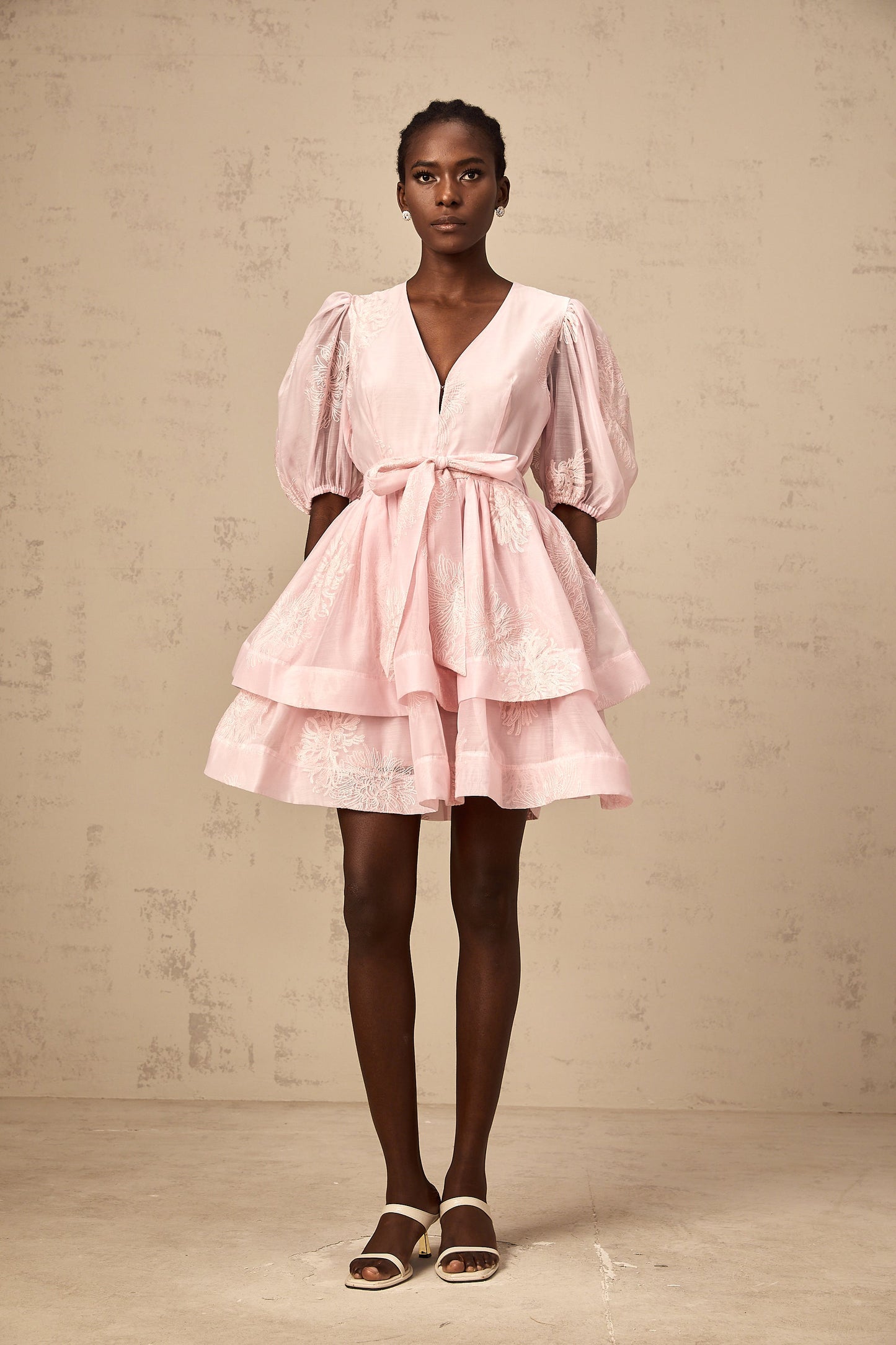 Florence pink floral-embroidered layered mini dress