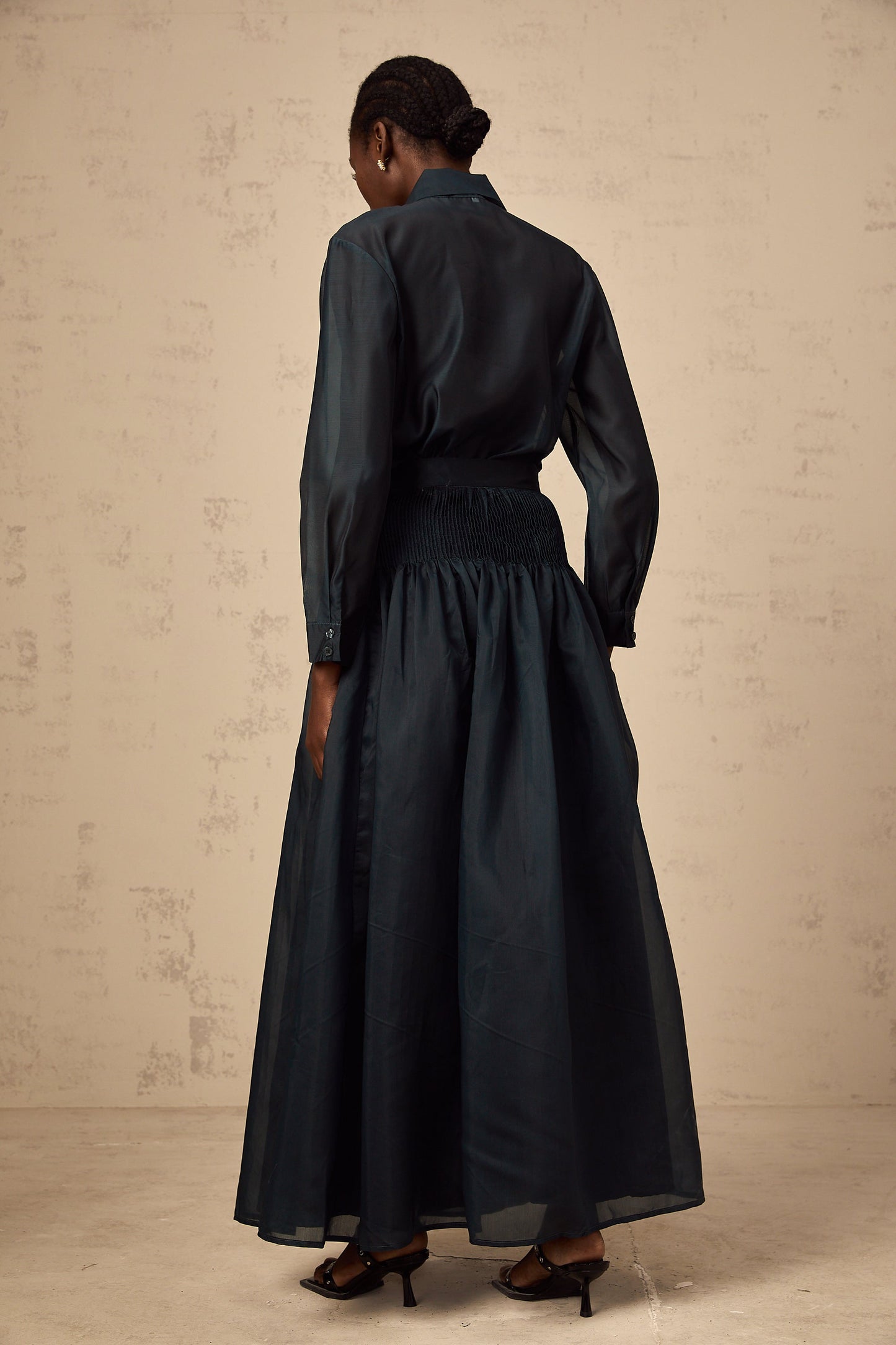 Zoé dark-green ribbon tie-neck shirt & skirt matching set