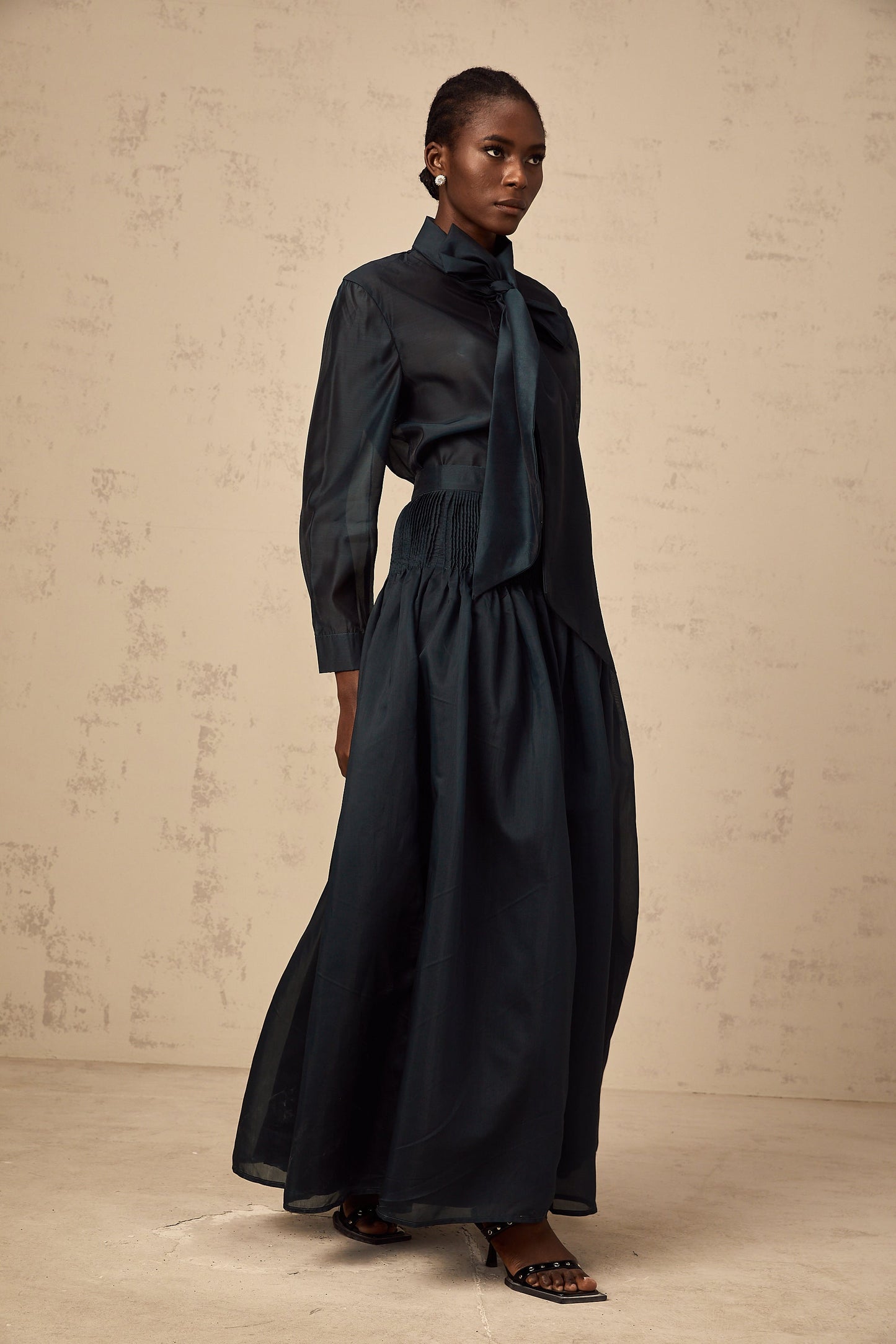 Zoé dark-green ribbon tie-neck shirt & skirt matching set
