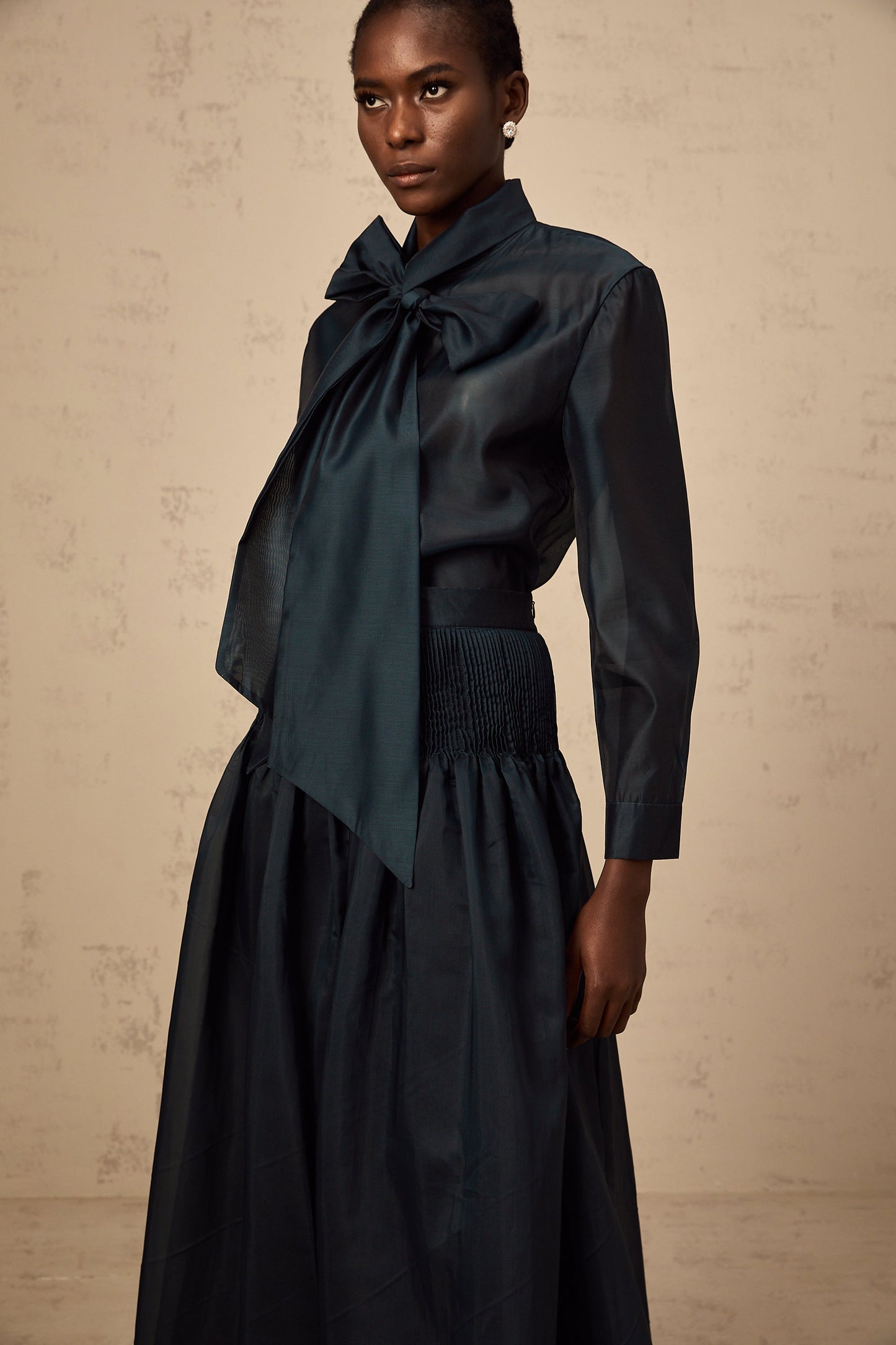 Zoé dark-green ribbon tie-neck shirt & skirt matching set