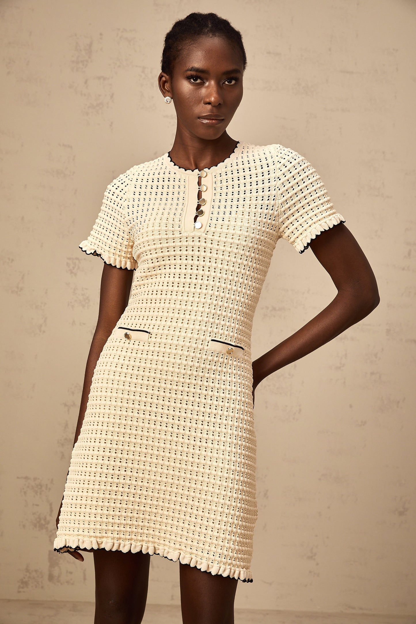 Victoire neutrals ruffled pointelle-knit mini dress