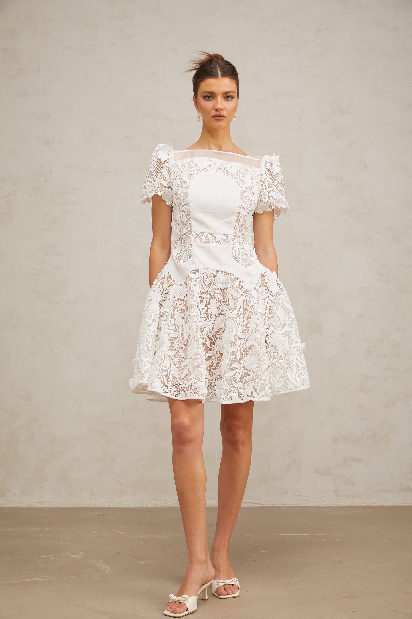 Josette white floral-lace puff mini dress