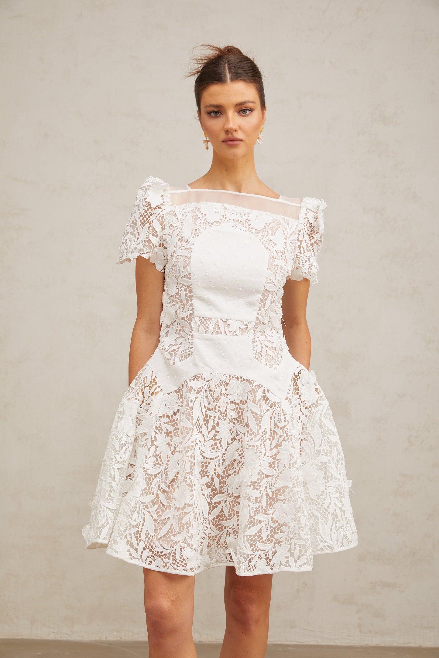 Josette white floral-lace puff mini dress