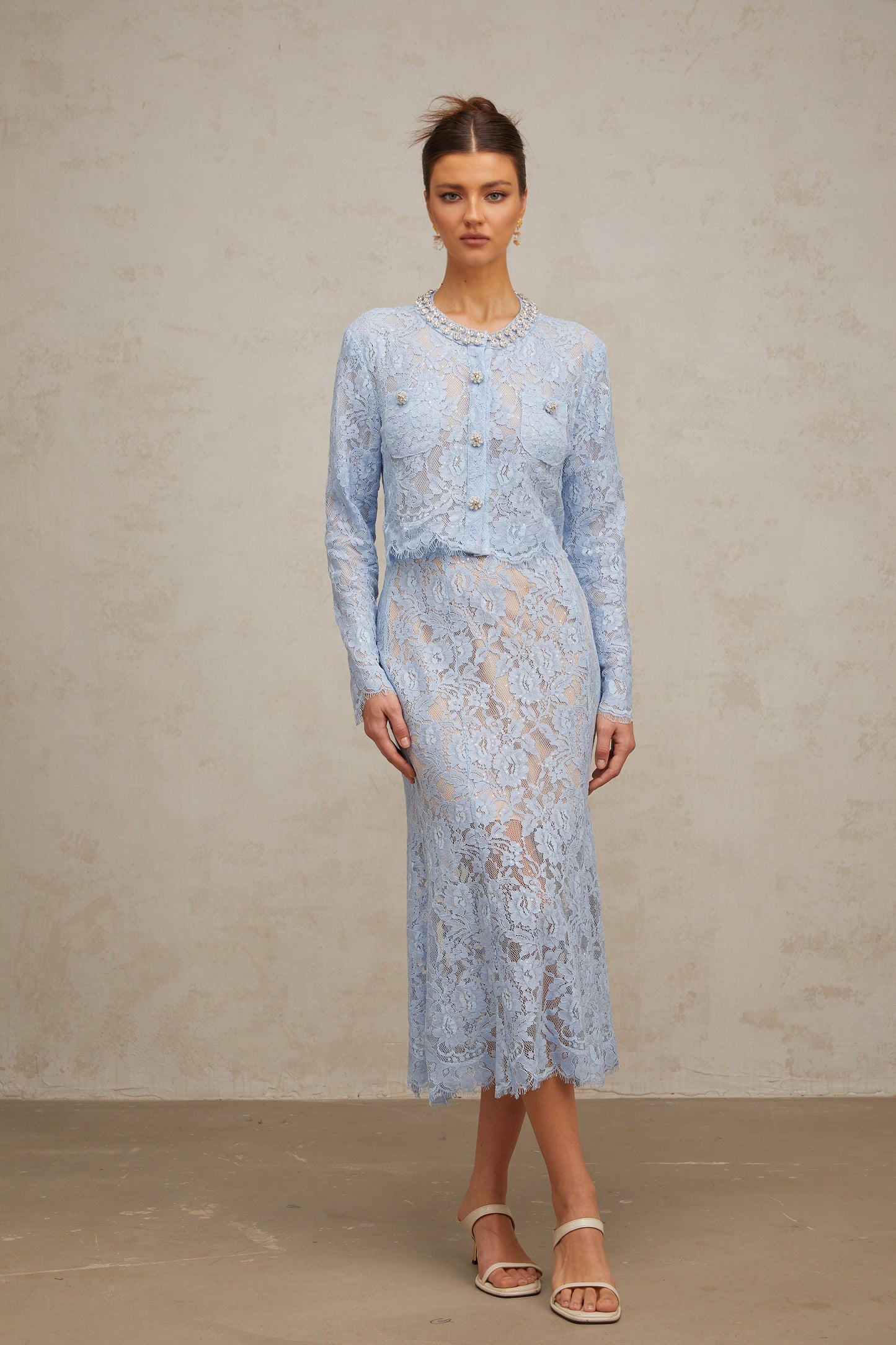 Ariane blue floral-lace top & skirt matching set