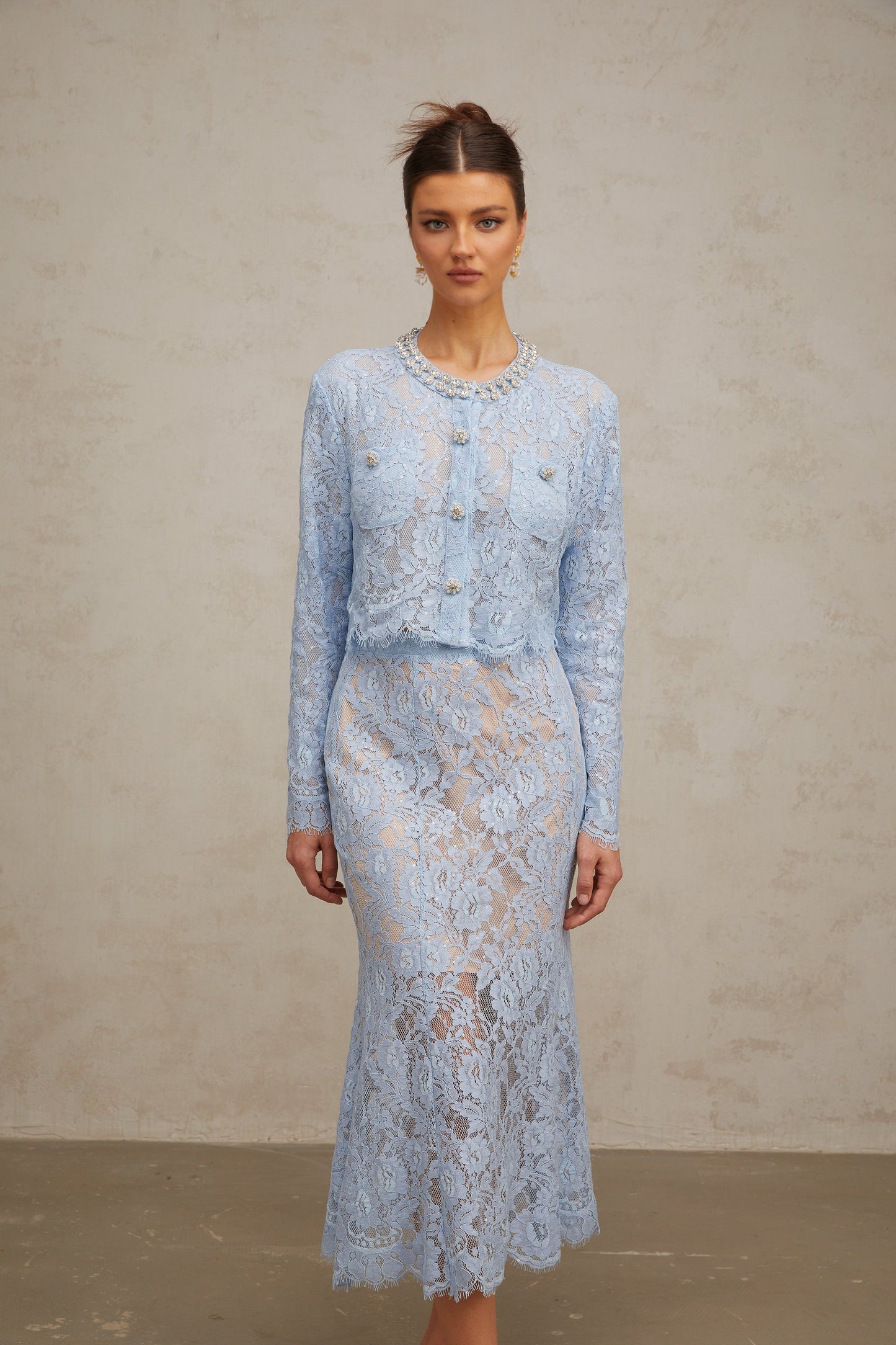 Ariane blue floral-lace top & skirt matching set