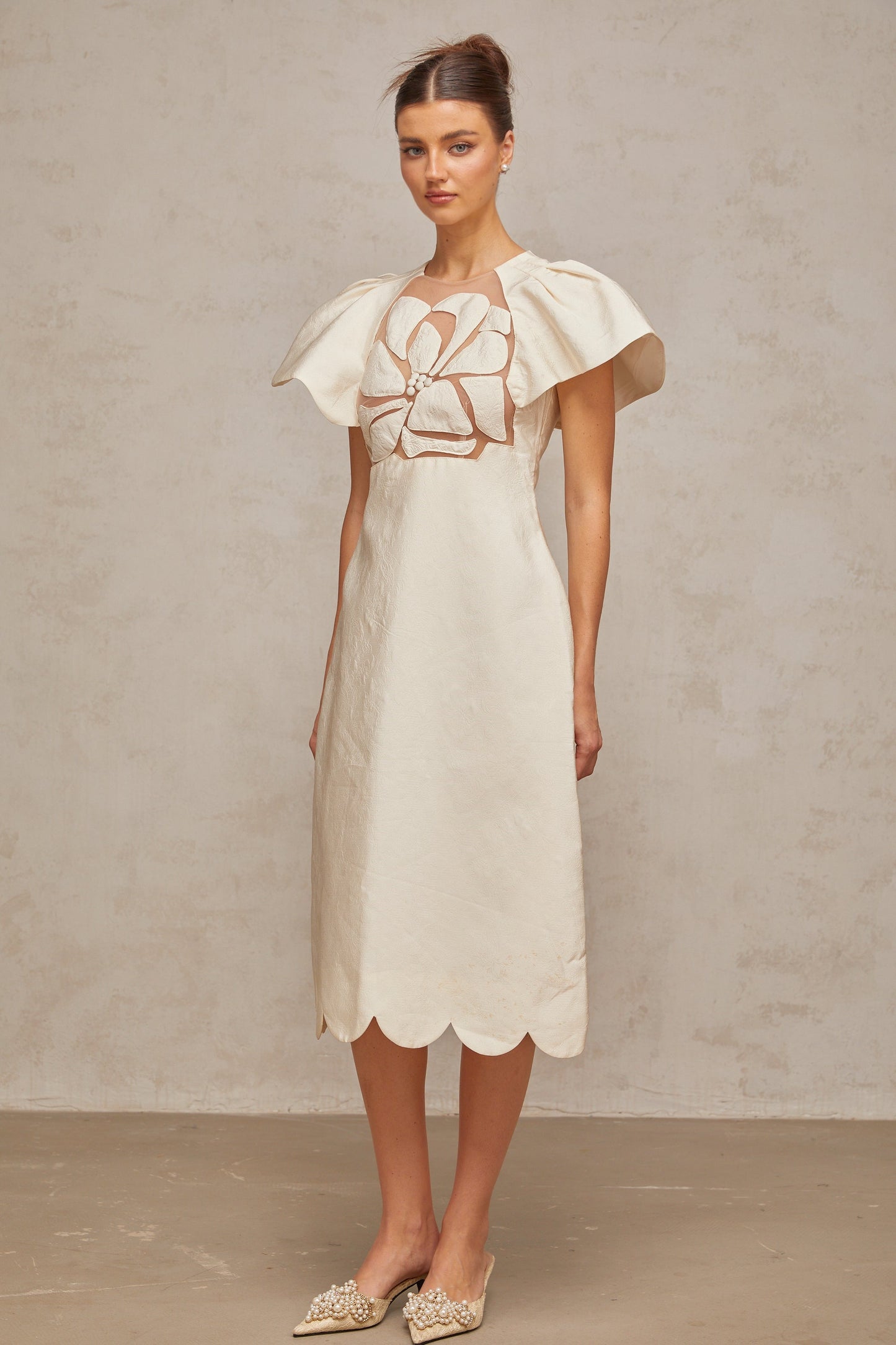 Ségolène white flower jacquard midi dress
