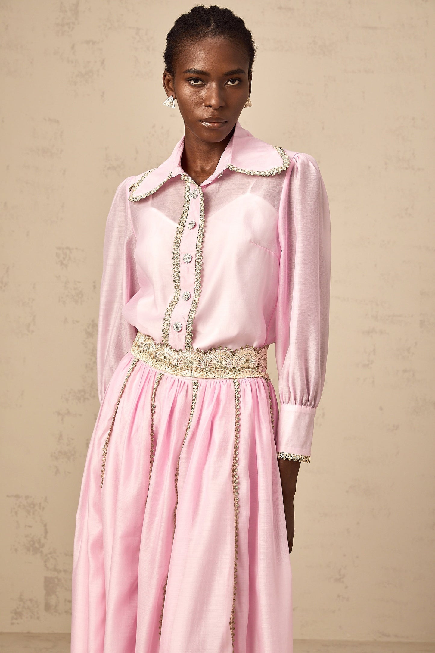 Frida pink lace-trim shirt & skirt matching set
