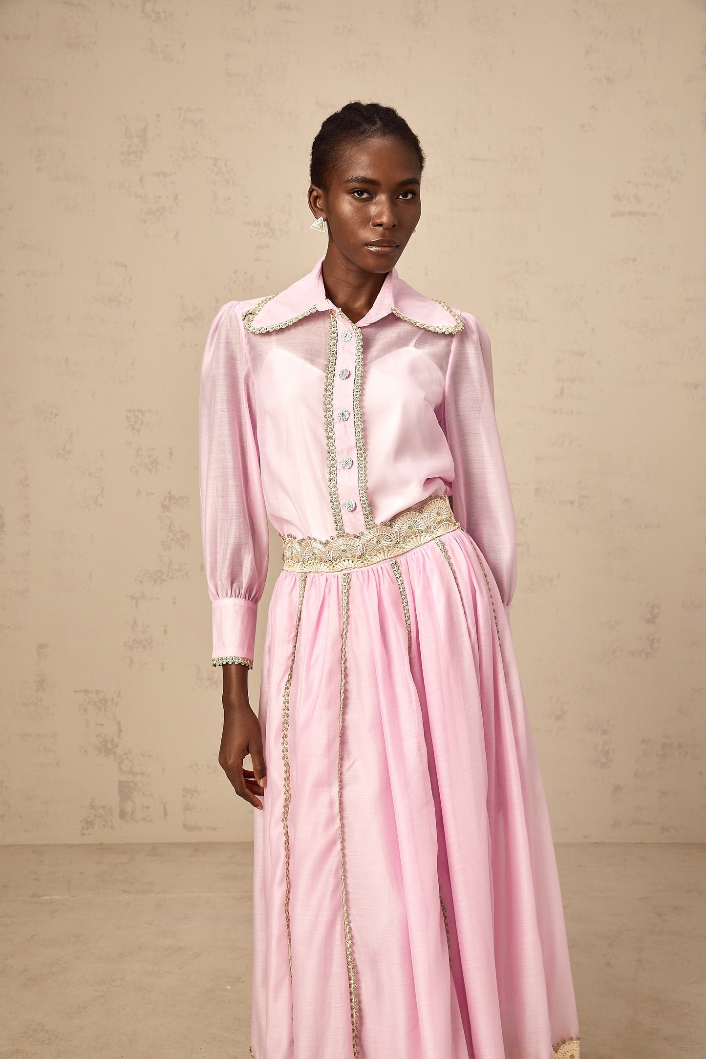 Frida pink lace-trim shirt & skirt matching set