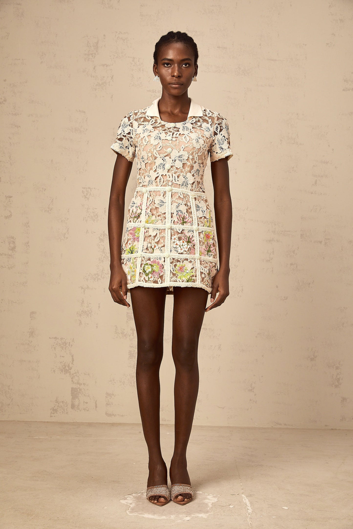 Françoise flower-embroidered mini dress in Neutrals