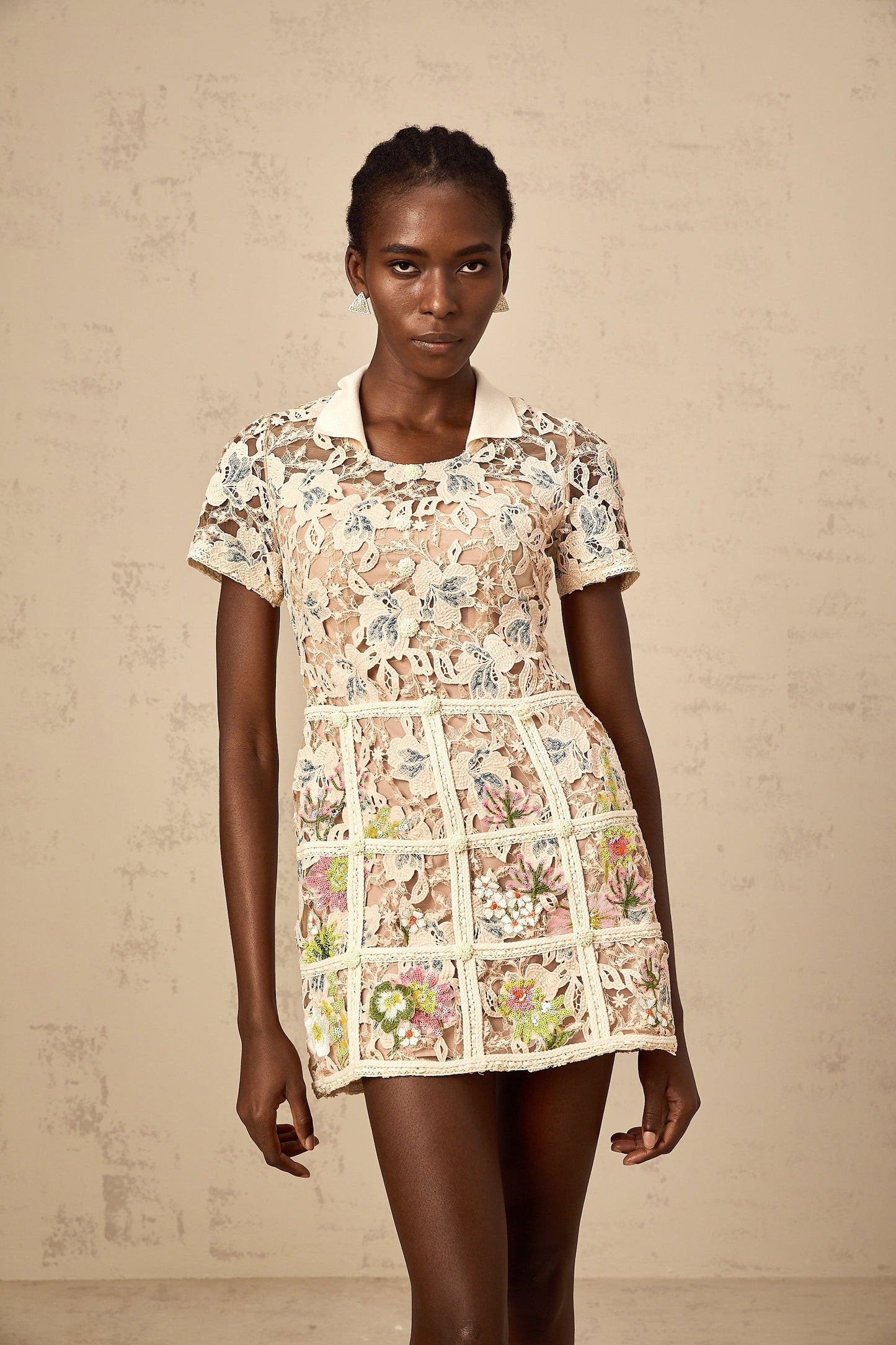 Françoise flower-embroidered mini dress in Neutrals