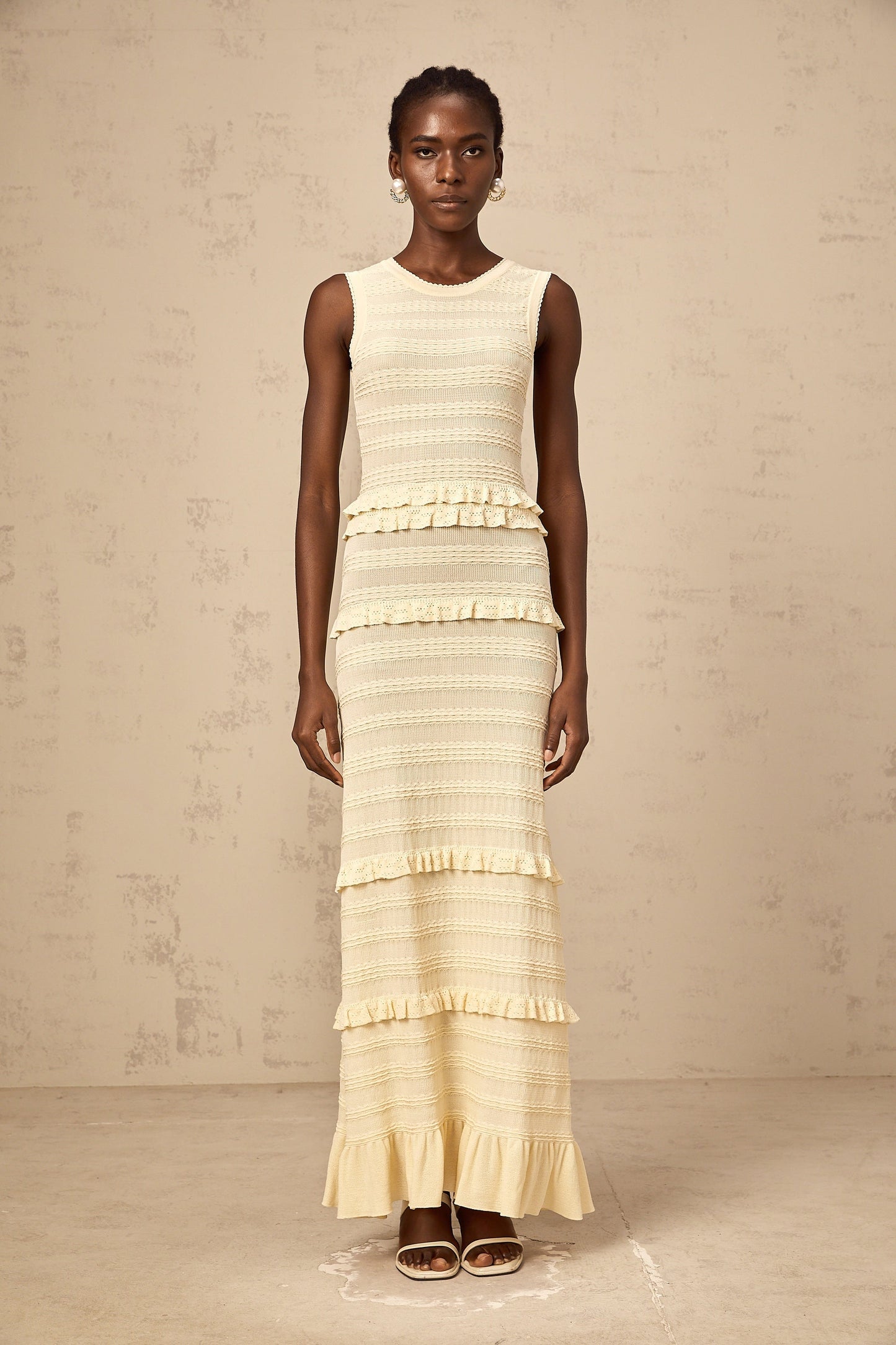 Airelle beige ruffled sleeveless knit maxi dress
