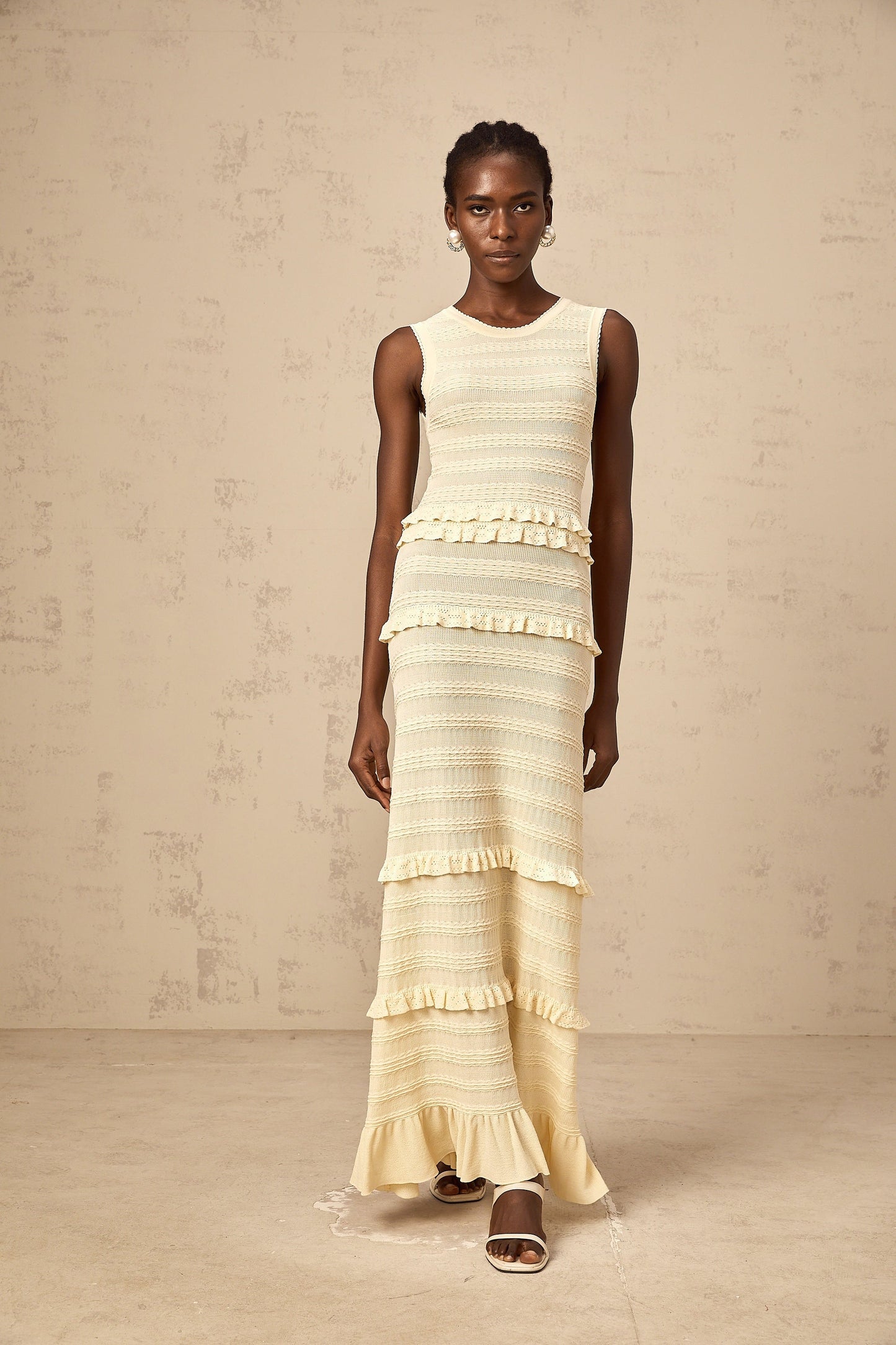 Airelle beige ruffled sleeveless knit maxi dress