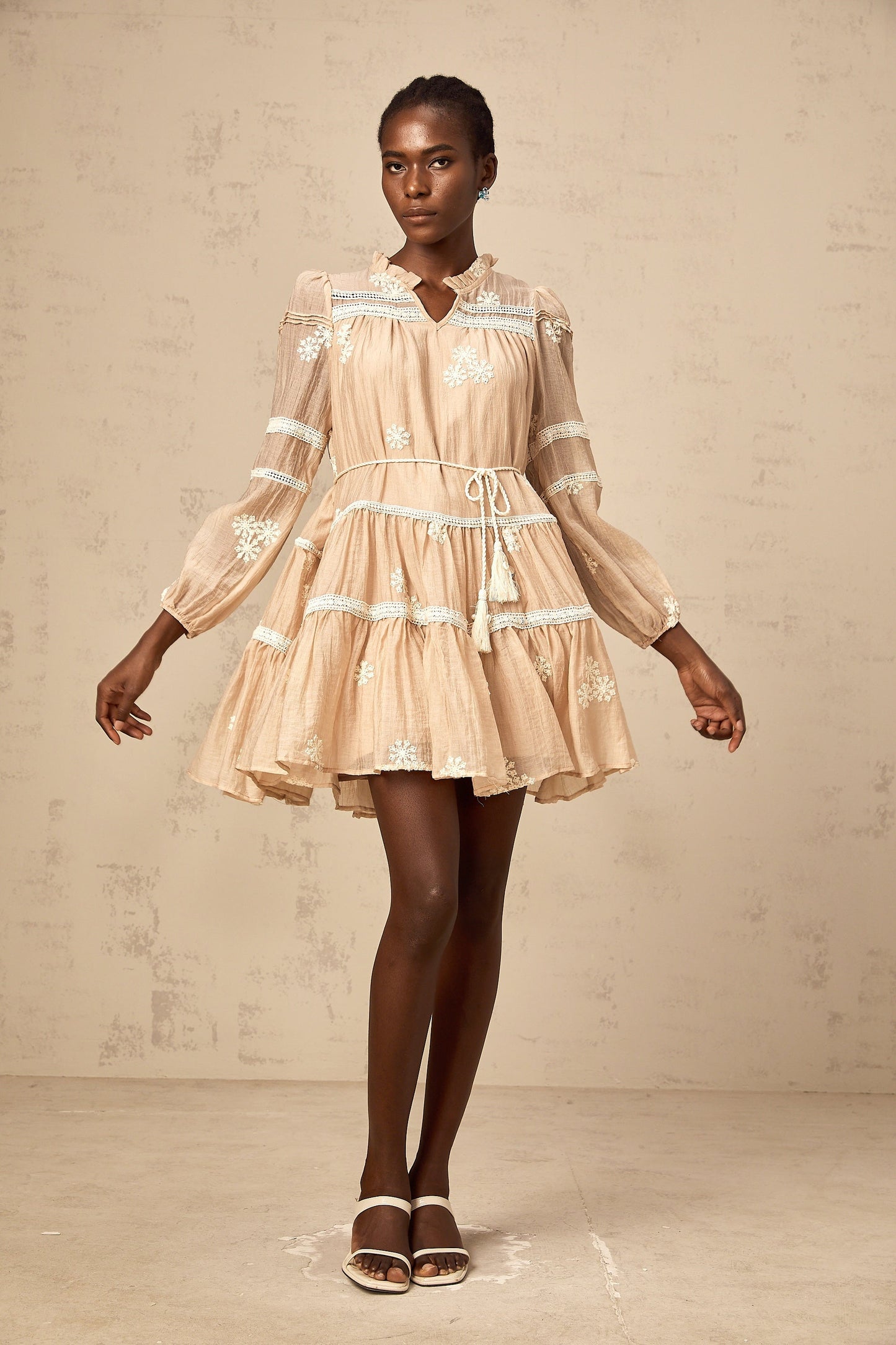 Margaux neutrals flower-embroidered tiered mini dress