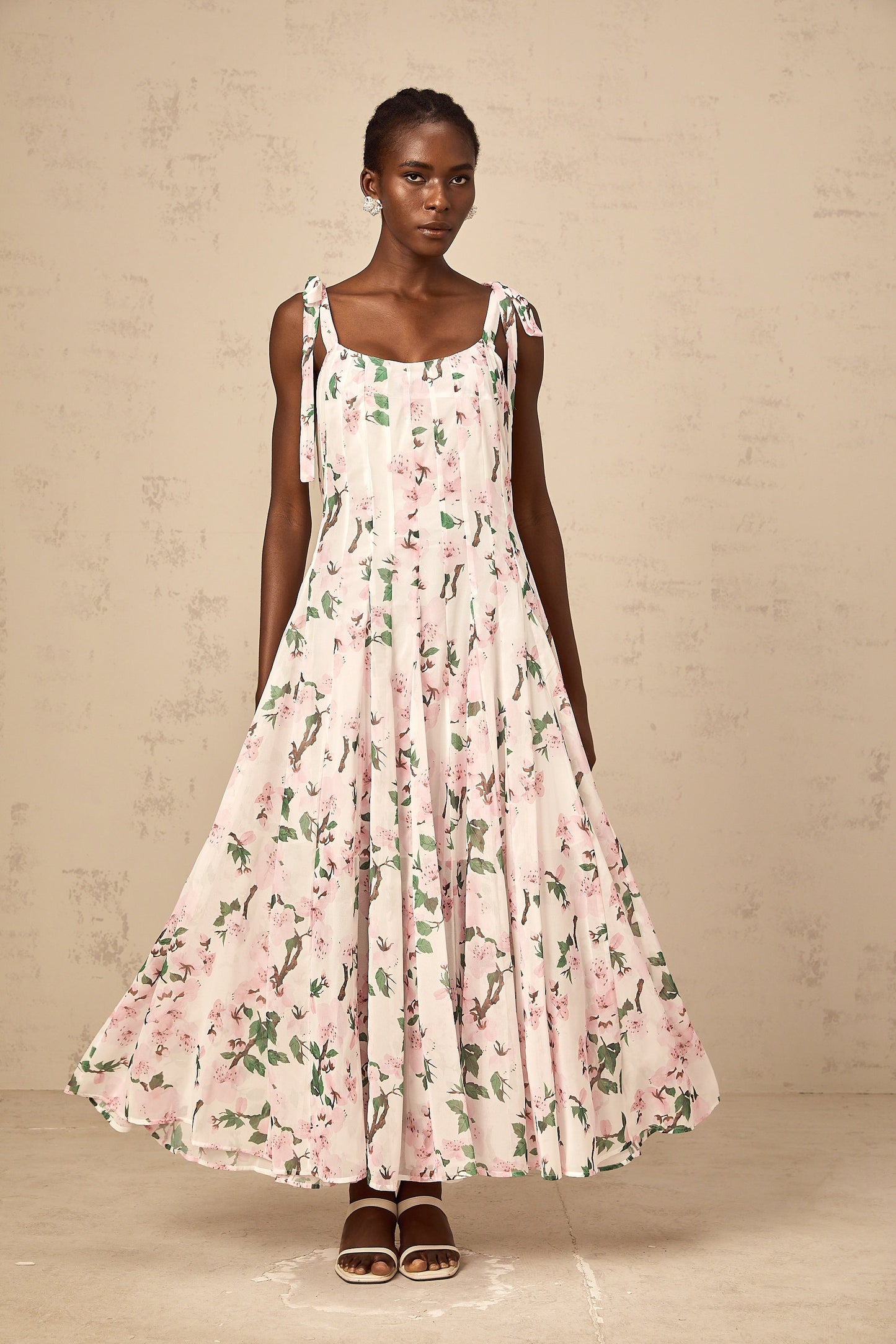 Noèle pink floral-print tied-strap maxi dress