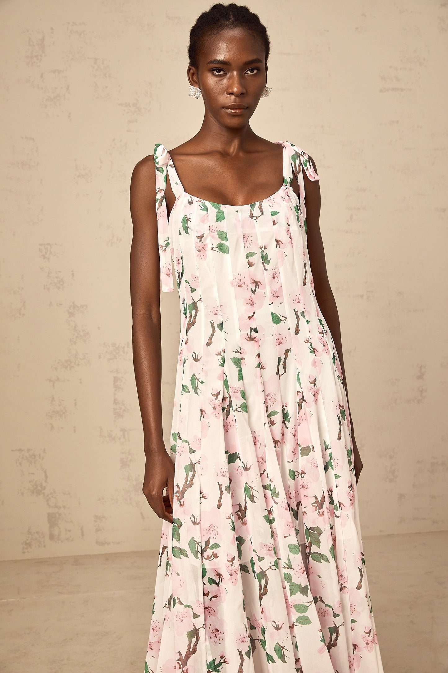 Noèle pink floral-print tied-strap maxi dress