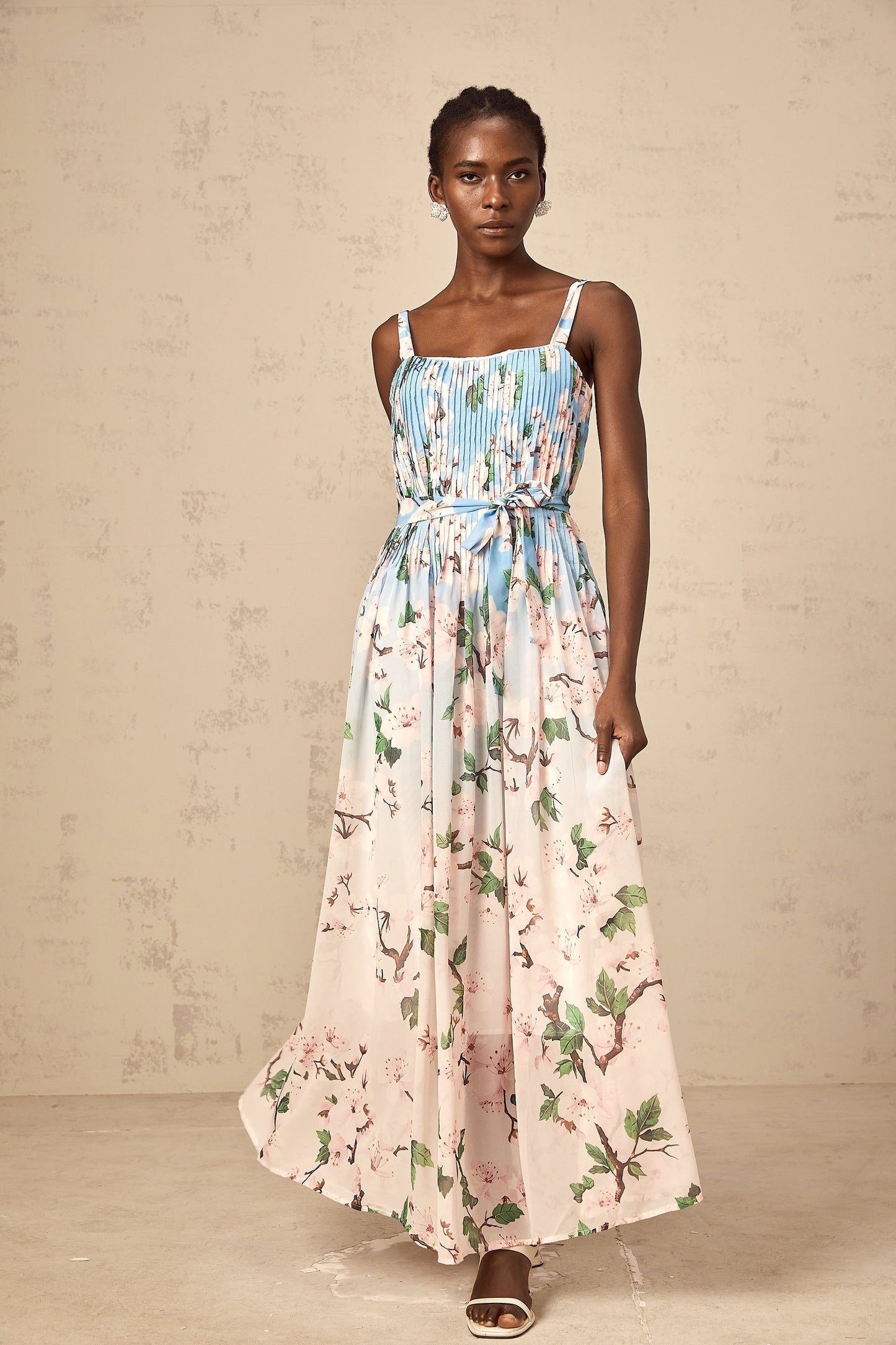 Océane blue floral-print pleated maxi dress