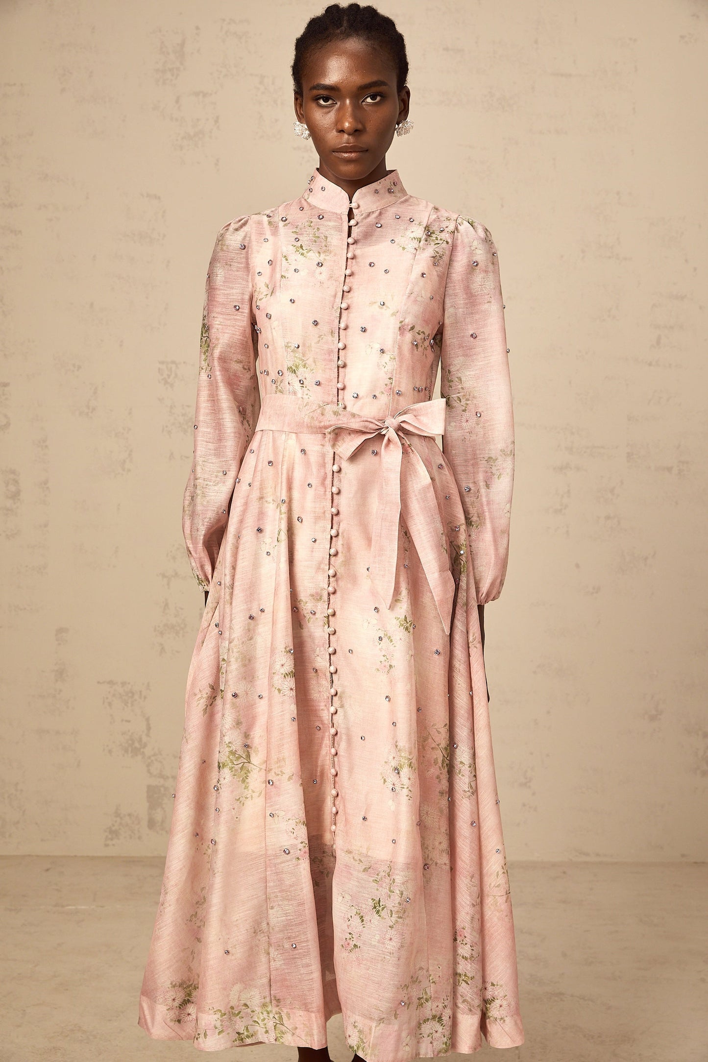 Narcisse pink embellished floral-print midi dress