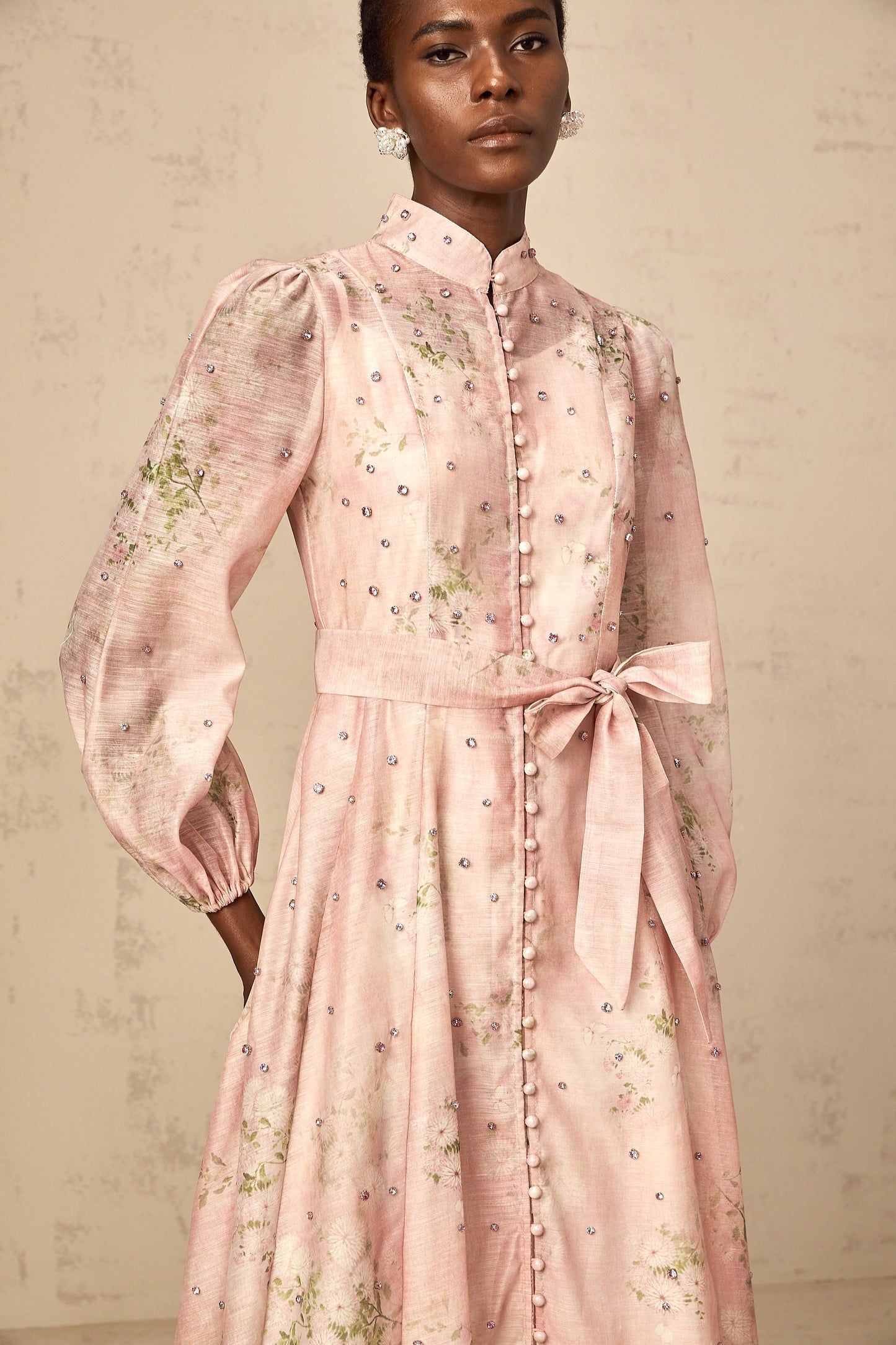Narcisse pink embellished floral-print midi dress