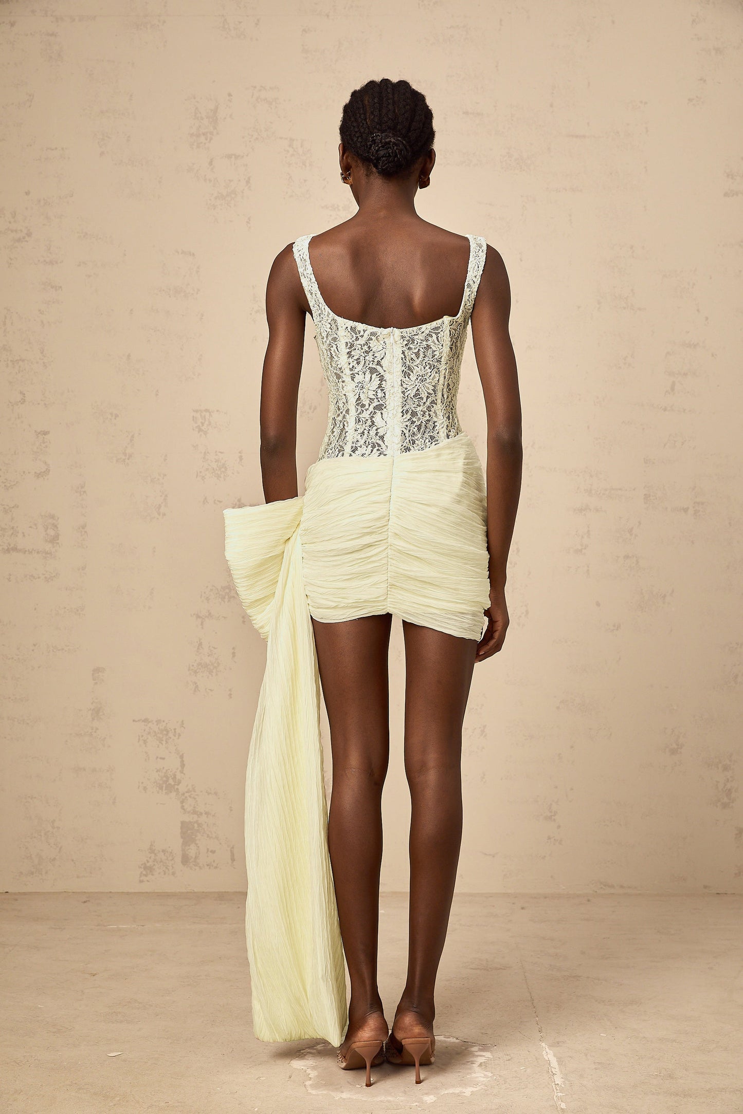 Gabrielle neutrals bowknot floral-lace-penal mini dress