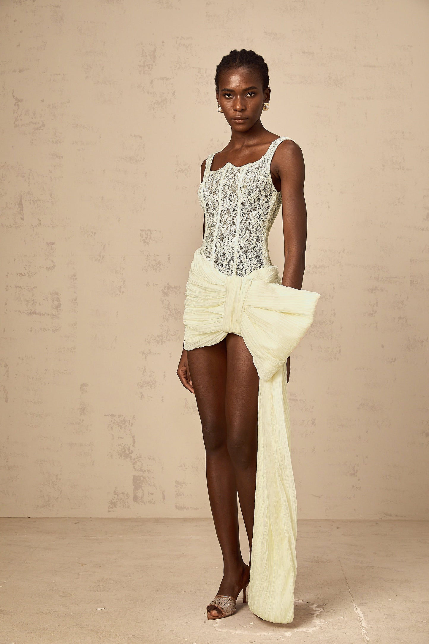 Gabrielle neutrals bowknot floral-lace-penal mini dress