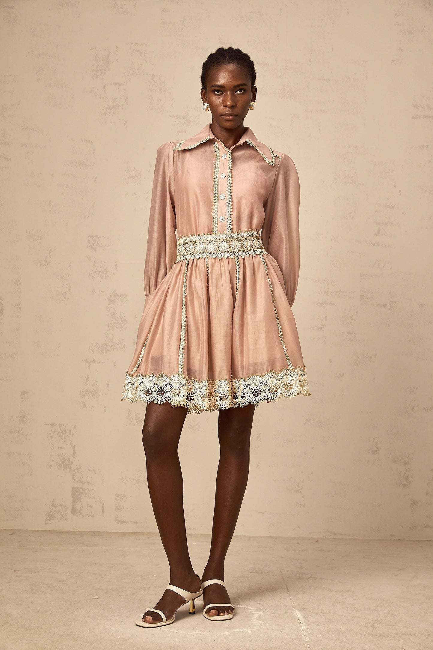 Zazie salmon-pink lace-trim shirt & skirt matching set